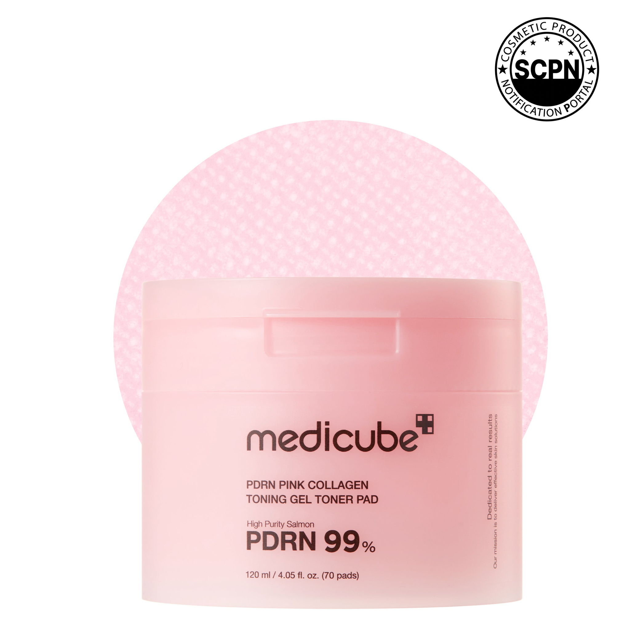Medicube PDRN Pink Collagen Gel Toner Pad showing the round, textured pad with pink hue and packaging in the background.