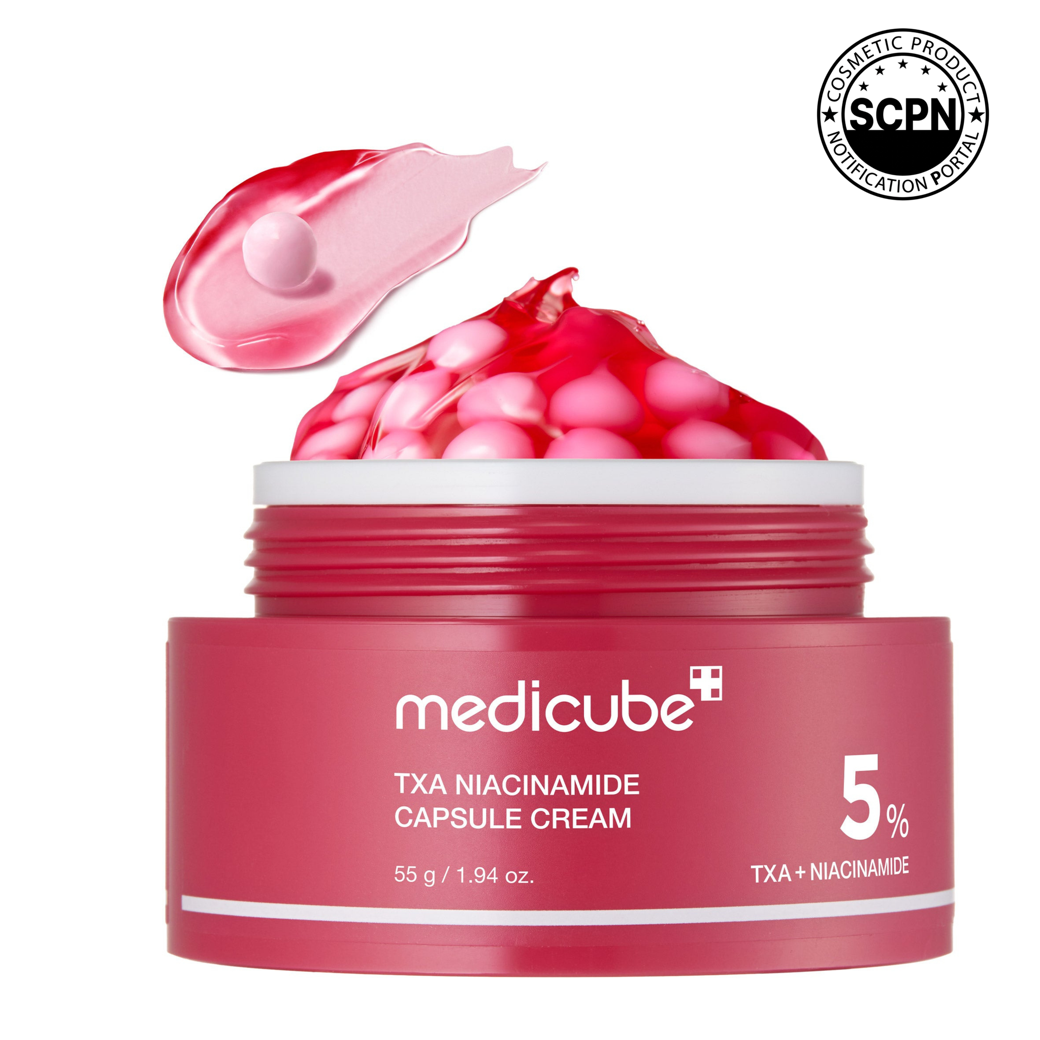 Pink PDRN line Medicube TXA Niacinamide Capsule Cream jar with pink lid and label, skincare product for brightening and skin repair.
