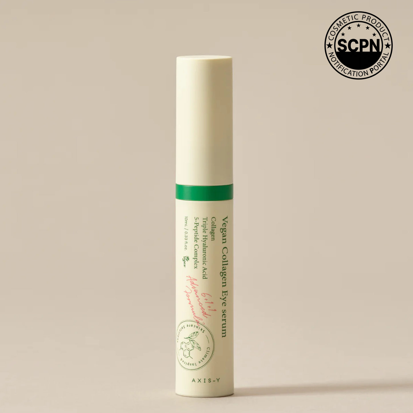 Vegan collagen eye serum by Axis-Y showing a clear bottle with a dropper applicator and the serum inside.