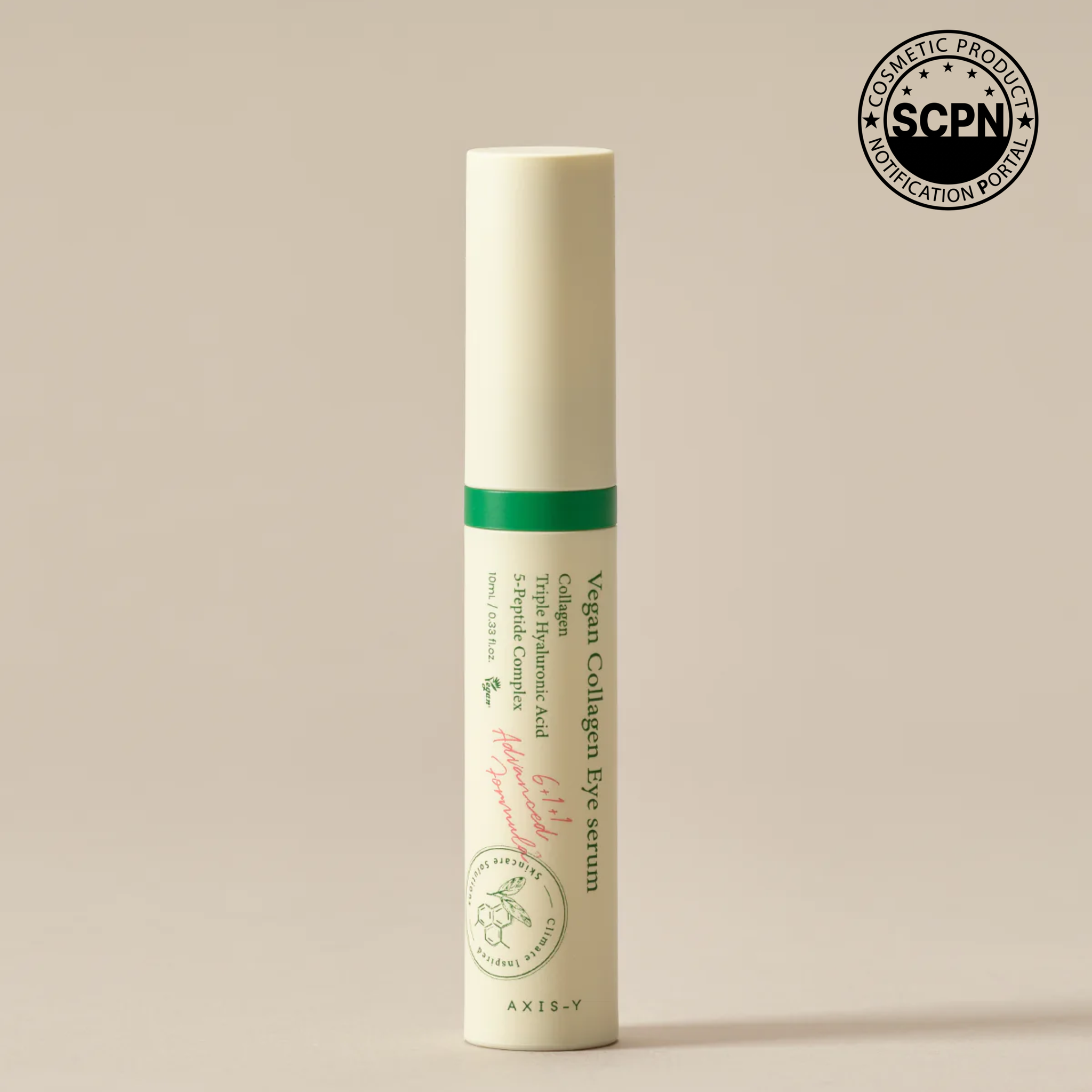 Vegan collagen eye serum by Axis-Y showing a clear bottle with a dropper applicator and the serum inside.