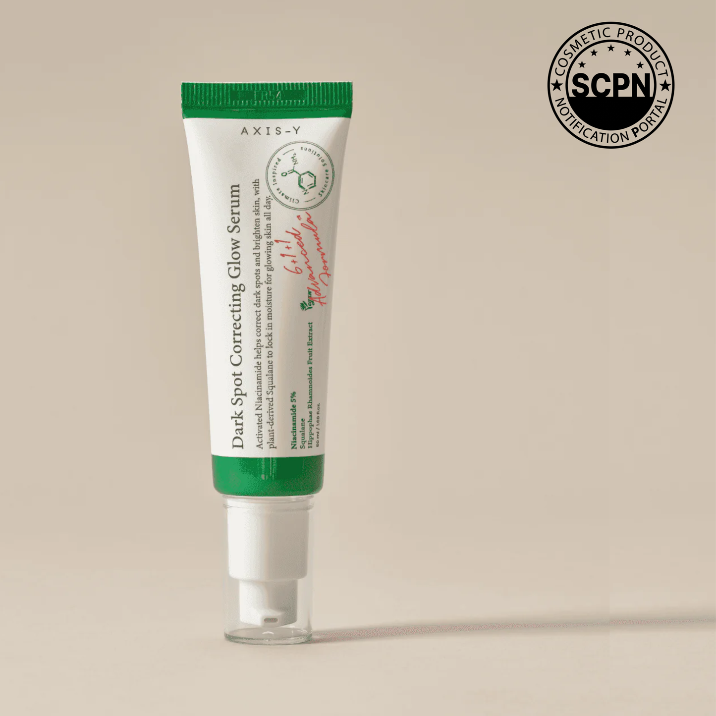 Dark Spot Correcting Glow Serum by Axis-Y, clear glass bottle with dropper and serum inside, highlighting skincare for brightening.