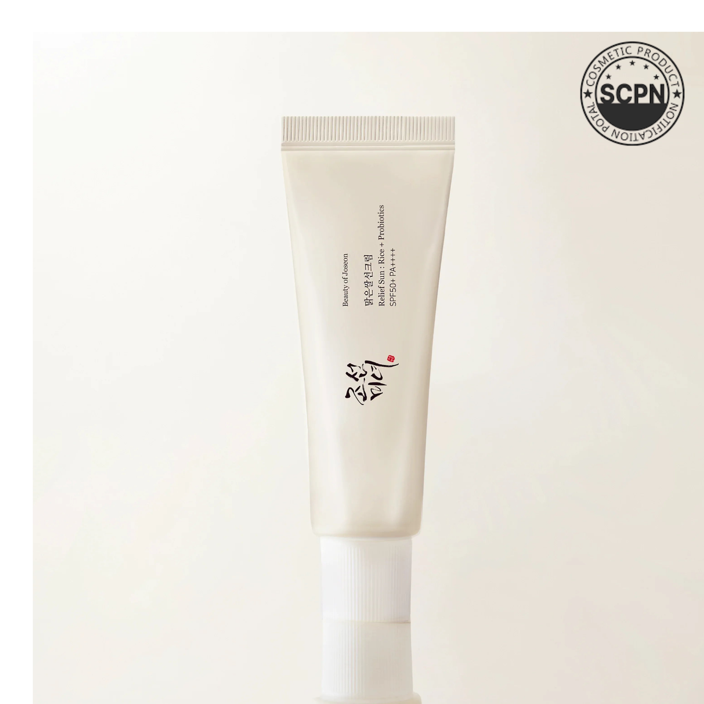 Beauty of Joseon Relief Sun Rice and Probiotic sunscreen in a 50ml bottle, showcasing its packaging and product details.