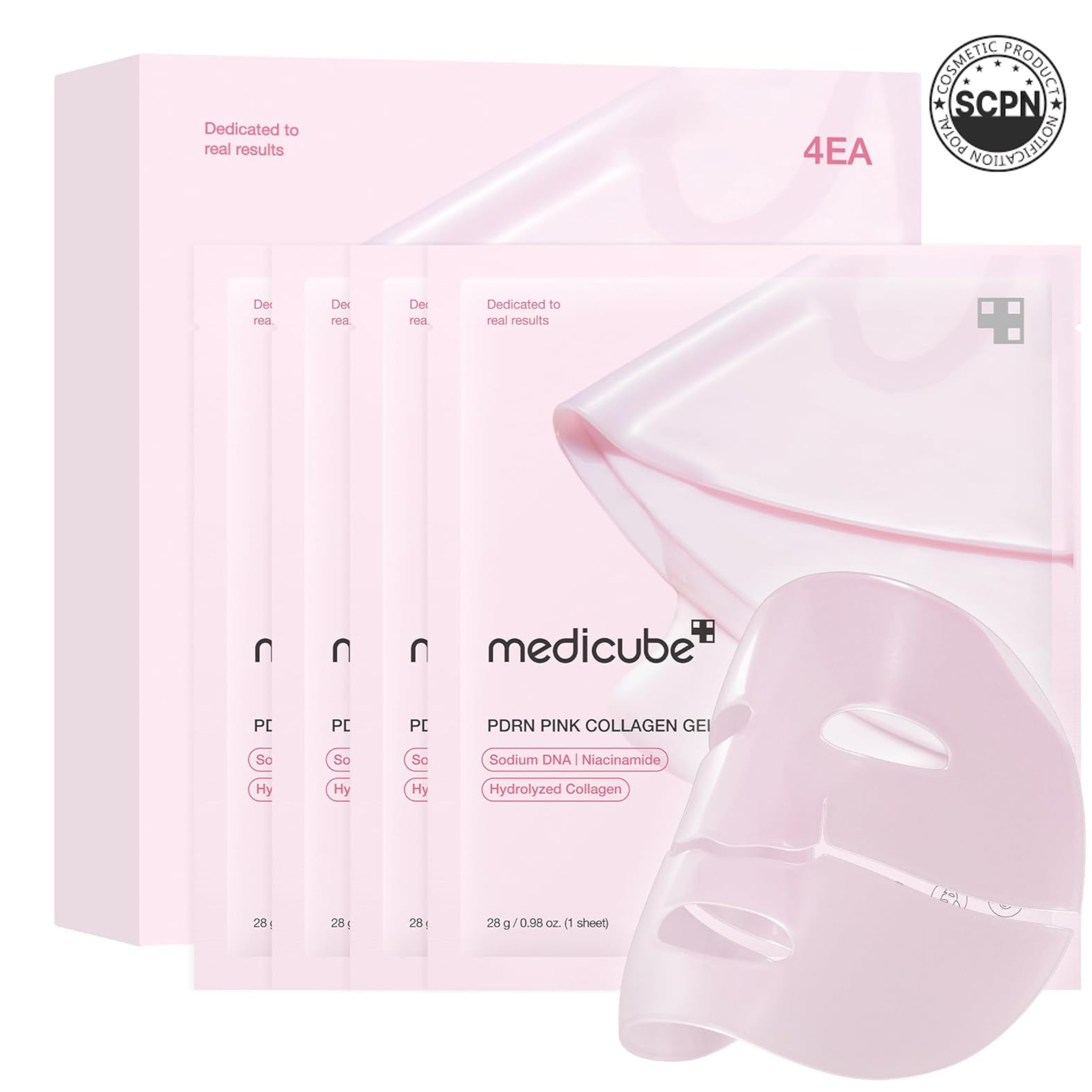 Medicube PDRN Pink Collagen Gel Mask pack with four face masks, designed to hydrate and rejuvenate the skin.