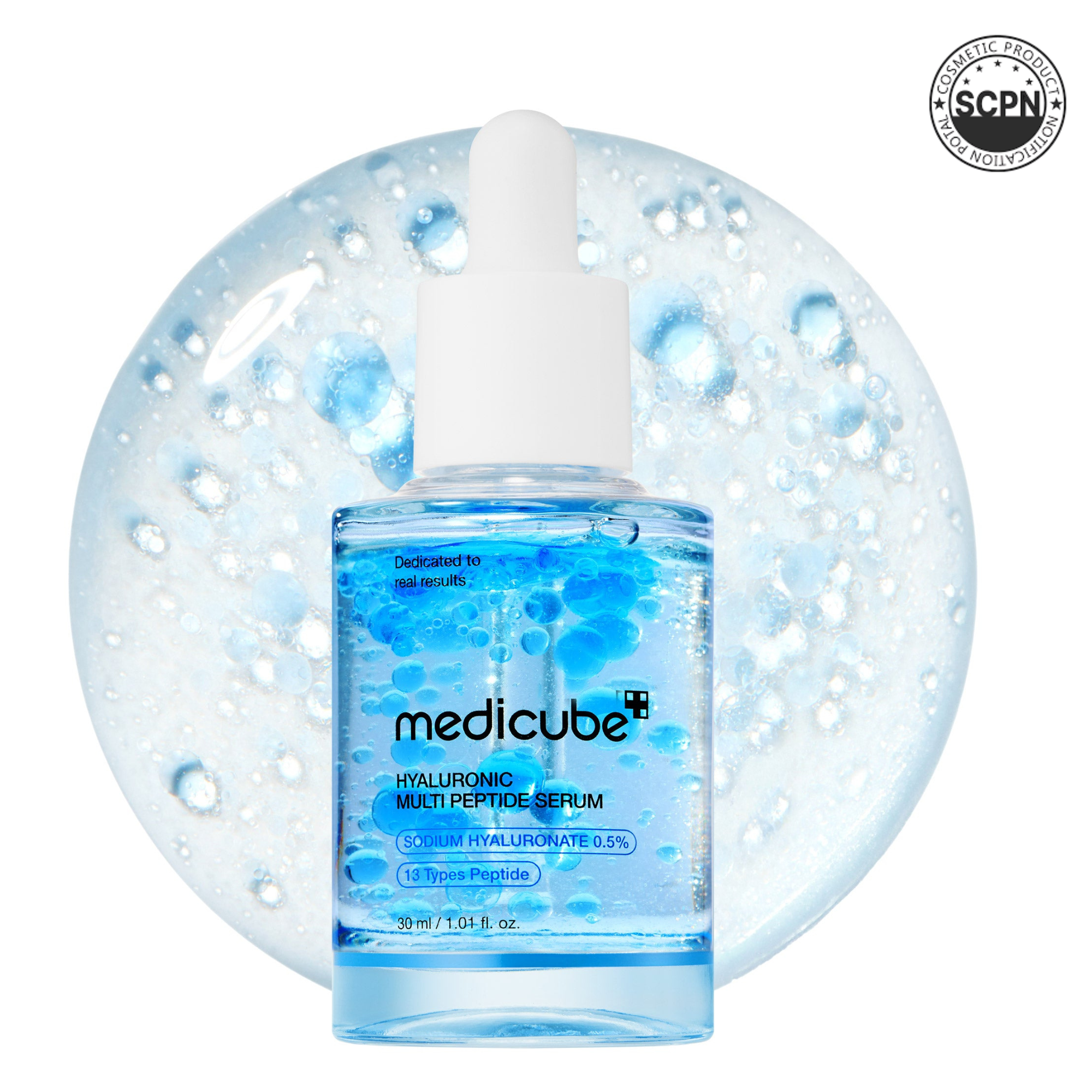 MEDICUBE Hyaluronic Multi Peptide PDRN Serum bottle with dropper and skincare packaging, showcasing the serum's branding and design.