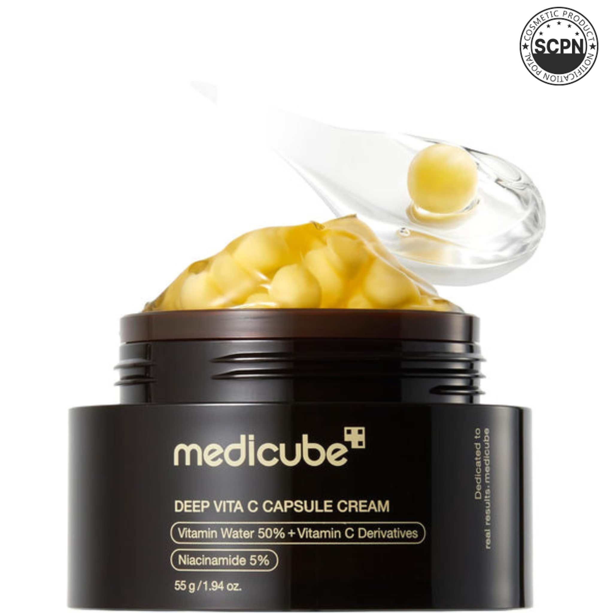 SKINZA Medicube Deep Vita C Capsule Cream 55g jar, face care product with vibrant orange capsules for brightening skin.