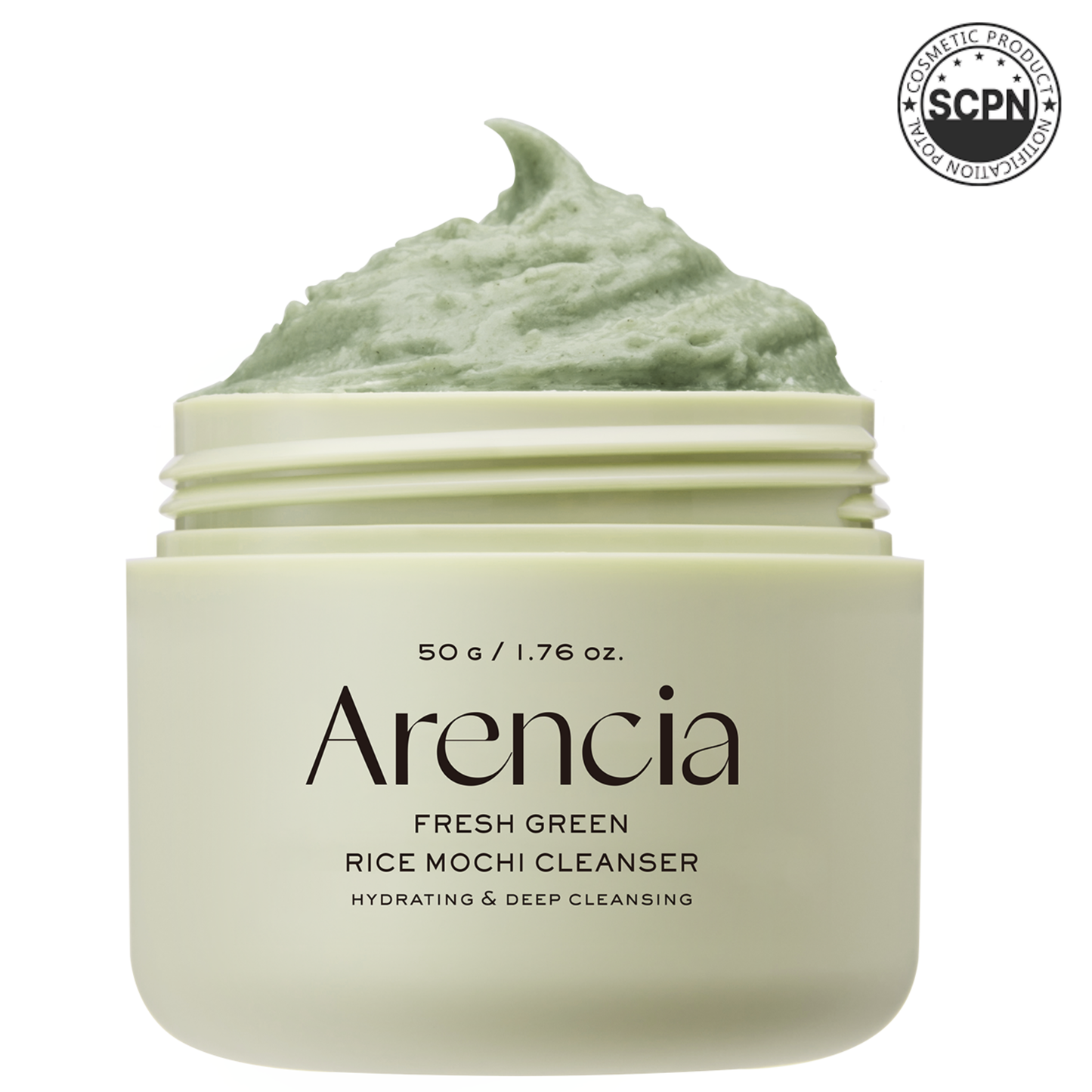 Arencia Fresh Green Rice Mochi Cleanser for face, showing the product bottle with green rice mochi extract on a clean background.
