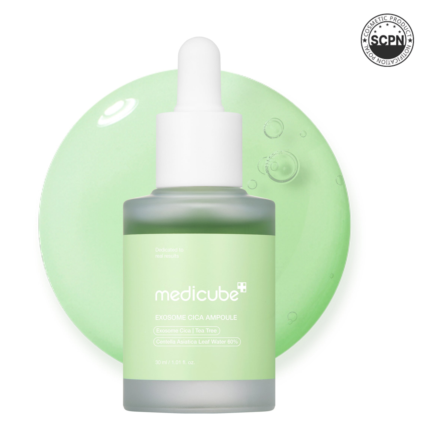 Medicube Exosome Cica Calming Ampoule in a clear glass bottle with dropper, showing soothing skincare product for sensitive skin.