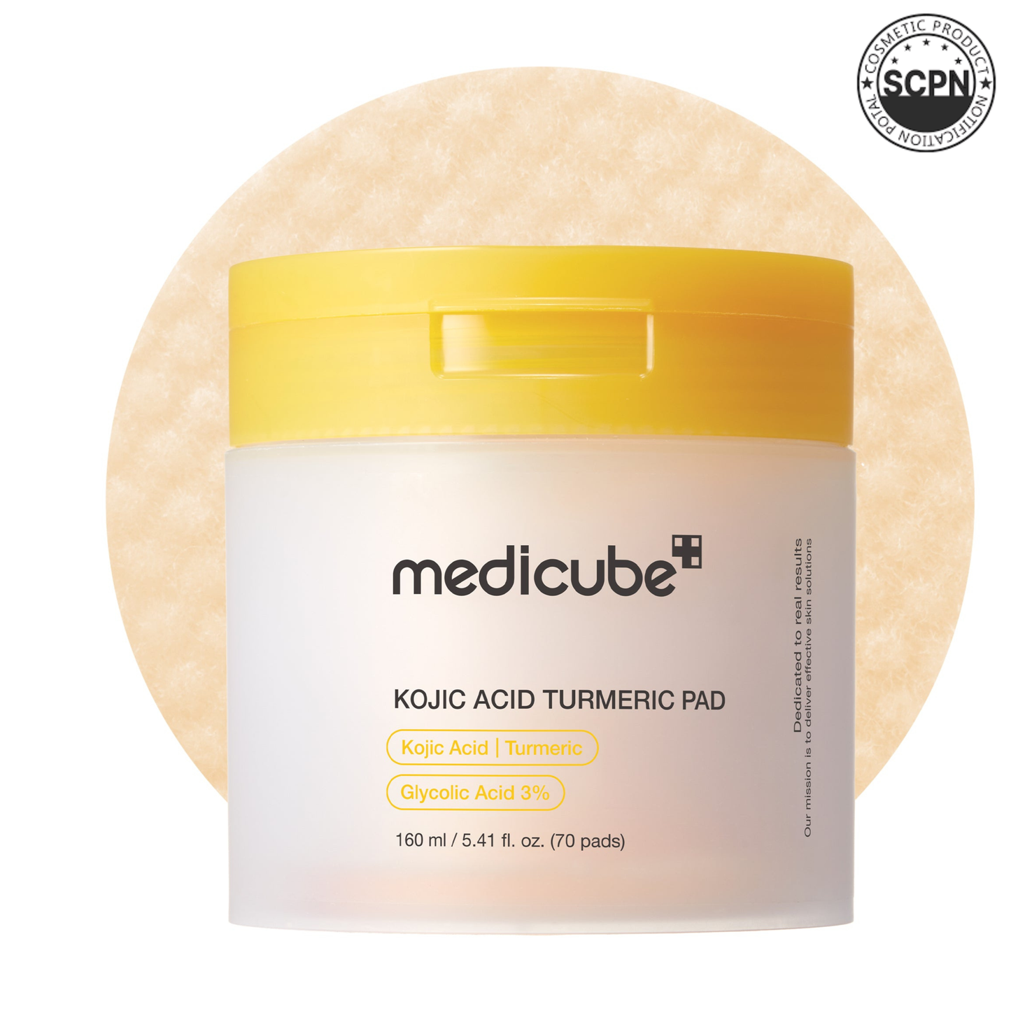 Medicube Kojic Acid Turmeric Face Pads for brightening and exfoliating skin, shown in a close-up image of the toner pads.