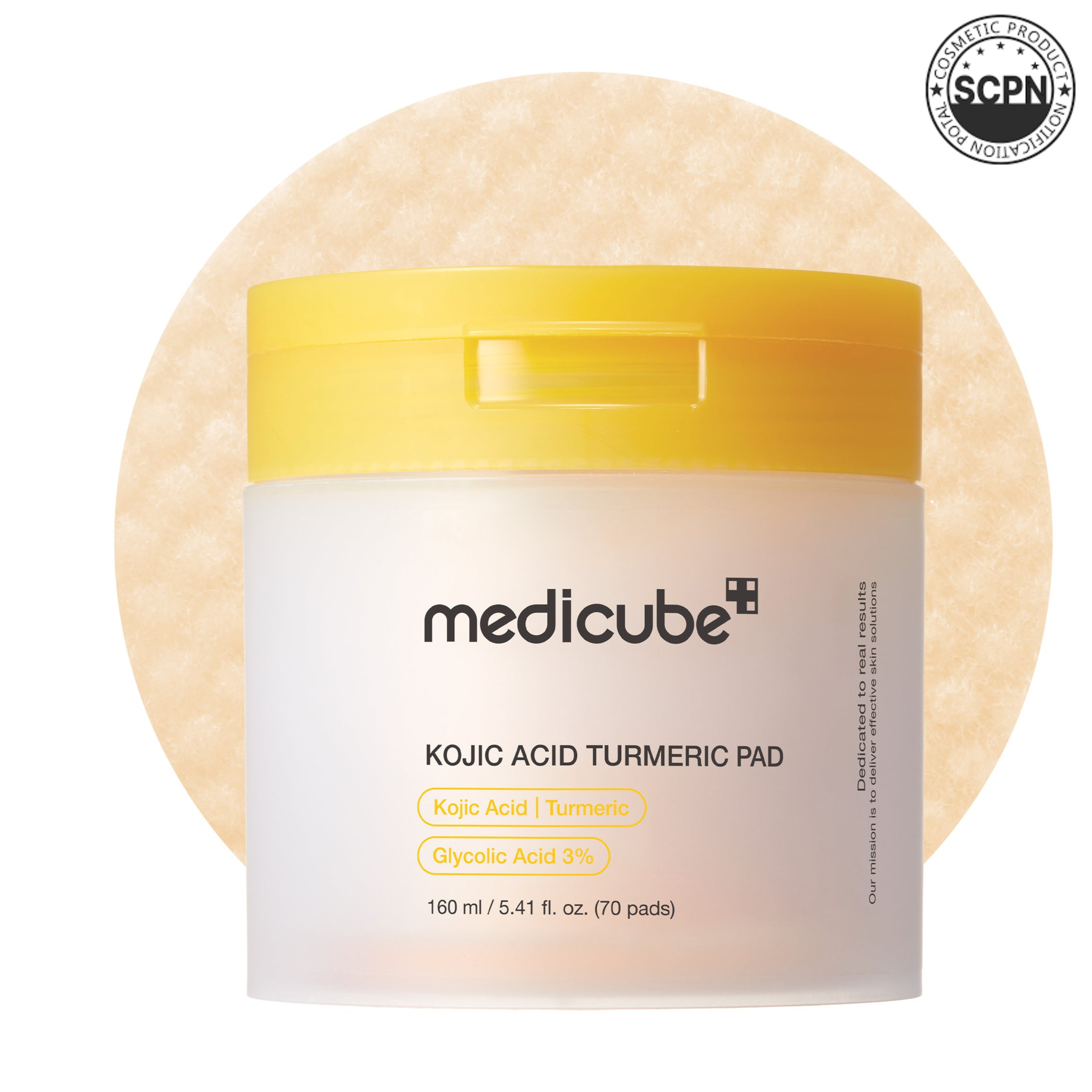 Medicube Kojic Acid Turmeric Face Pads for brightening and exfoliating skin, shown in a close-up image of the toner pads.