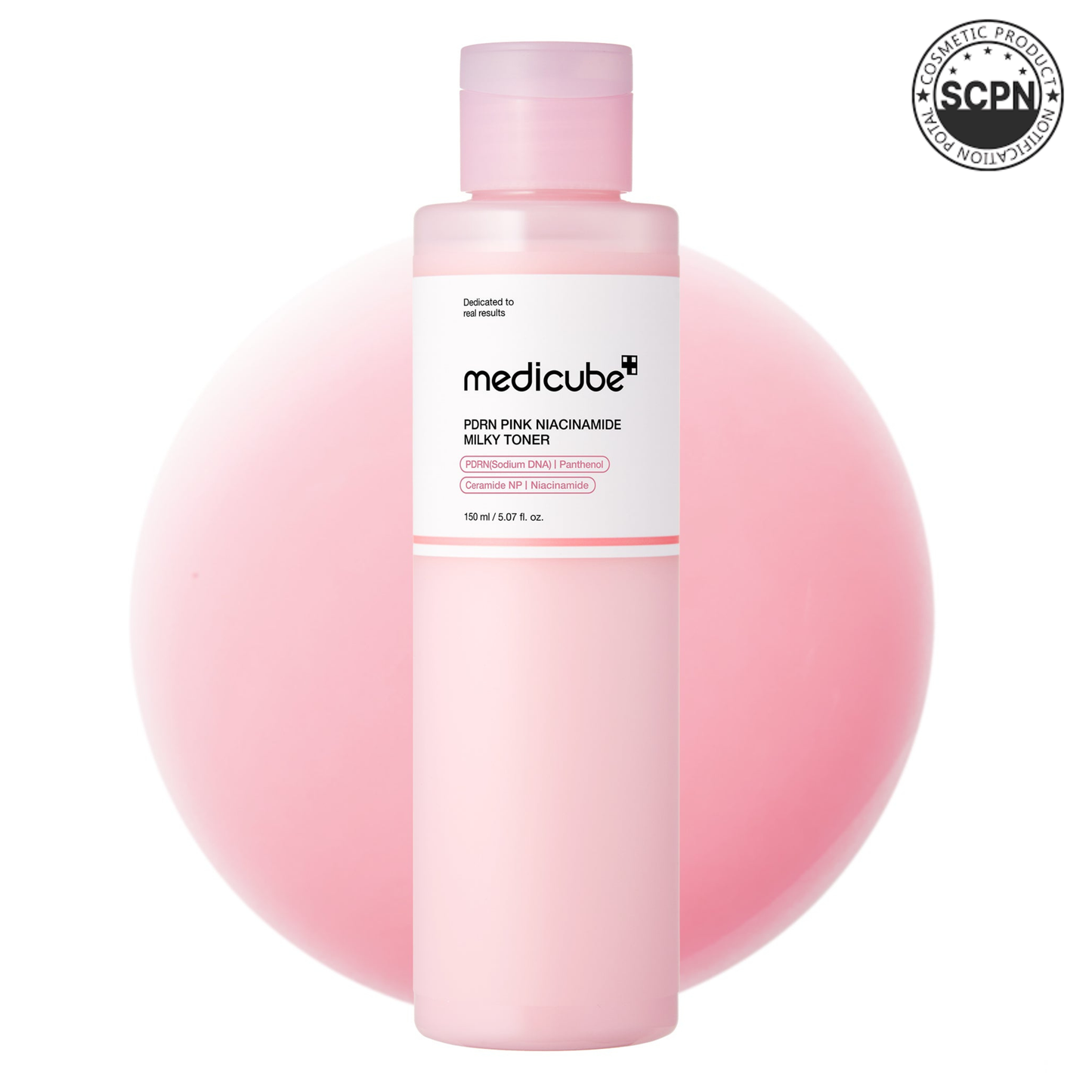 Medicube PDRN Pink Niacinamide Milky Toner bottle with soft pink and white packaging, showcasing the toner for skincare.