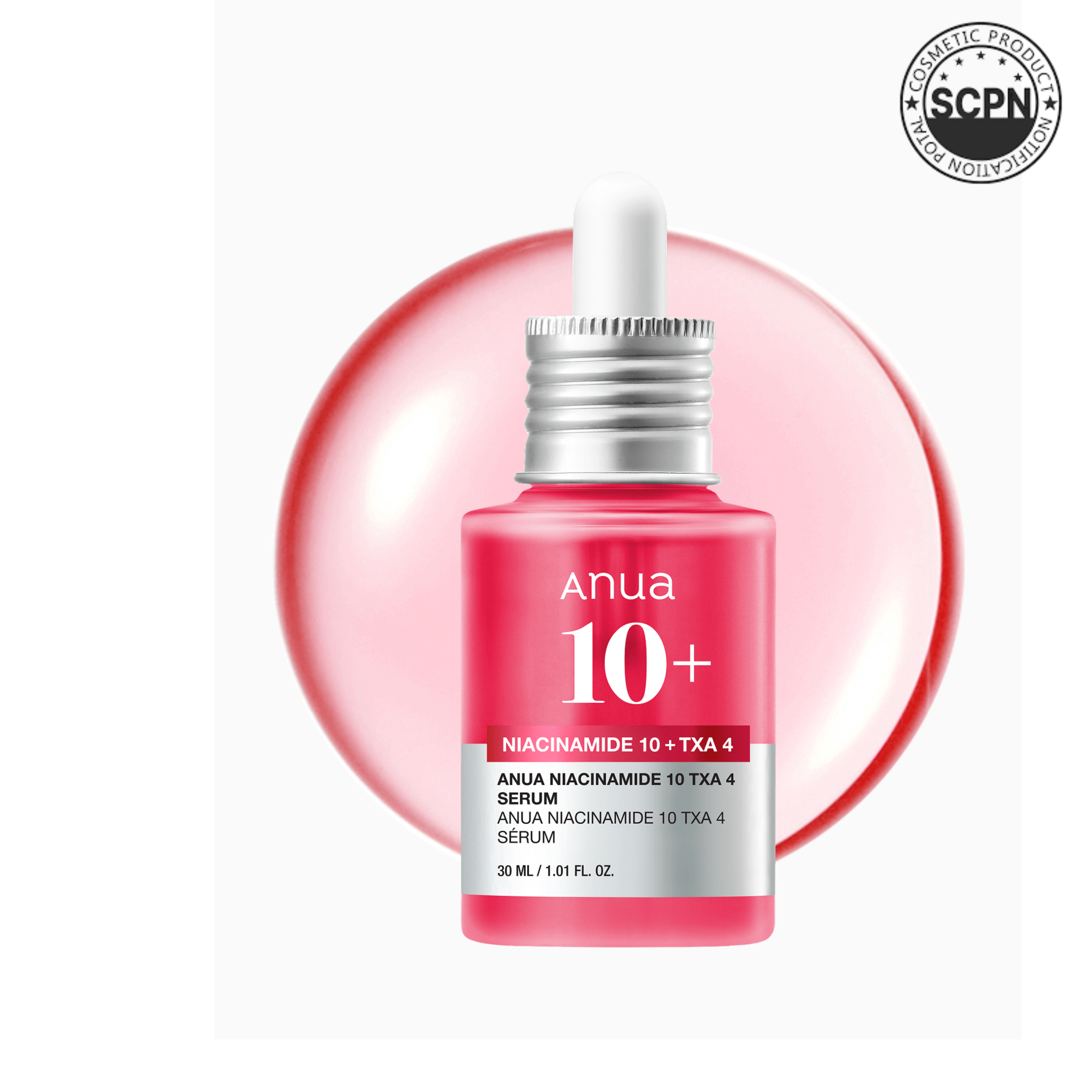 Anua Niacinamide serum ampoule for brightening skin and reducing dark spots, with a sleek glass bottle and dropper applicator.