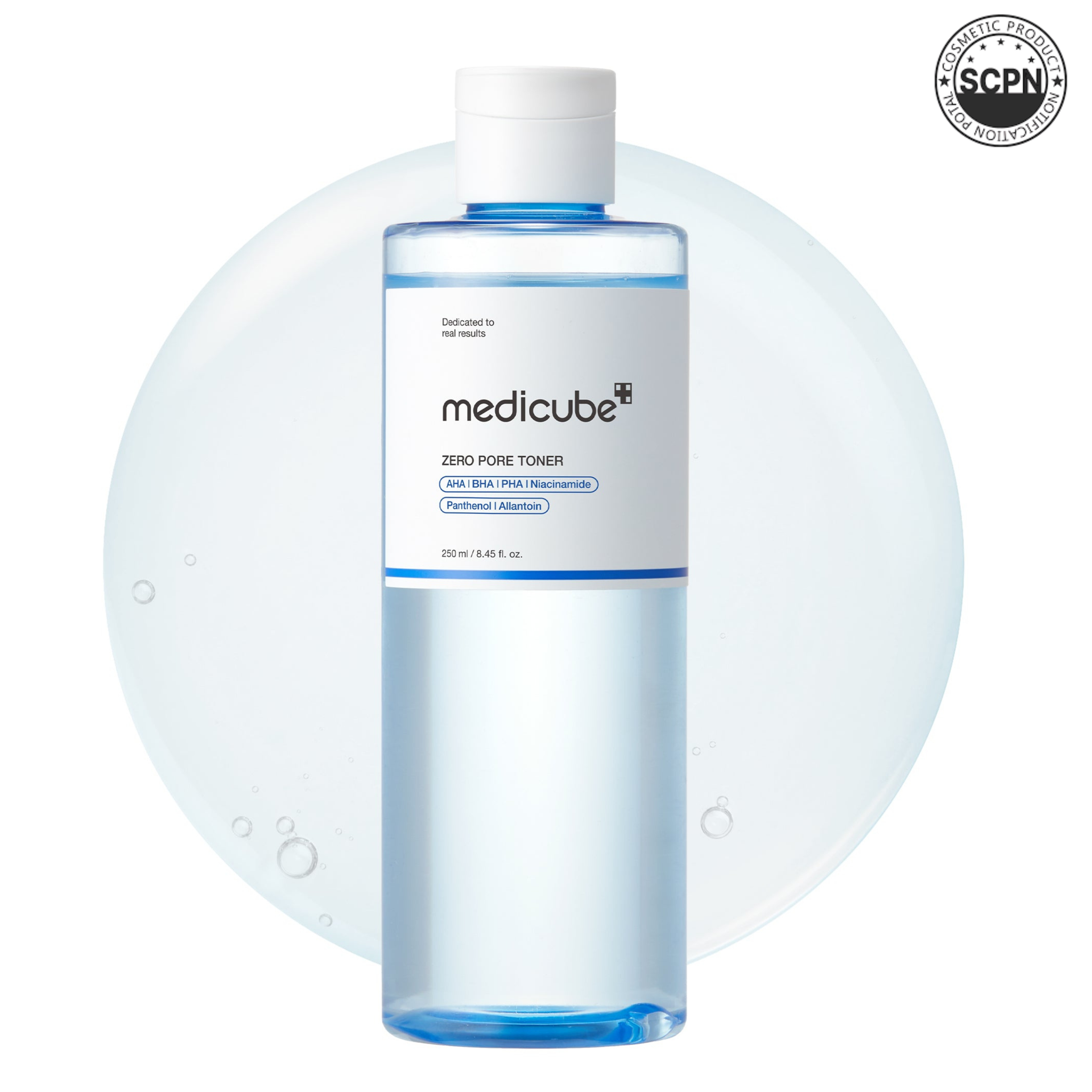 Medicube Zero Pore Toner bottle with clear liquid and minimalist design, designed to reduce pore appearance and clarify skin.