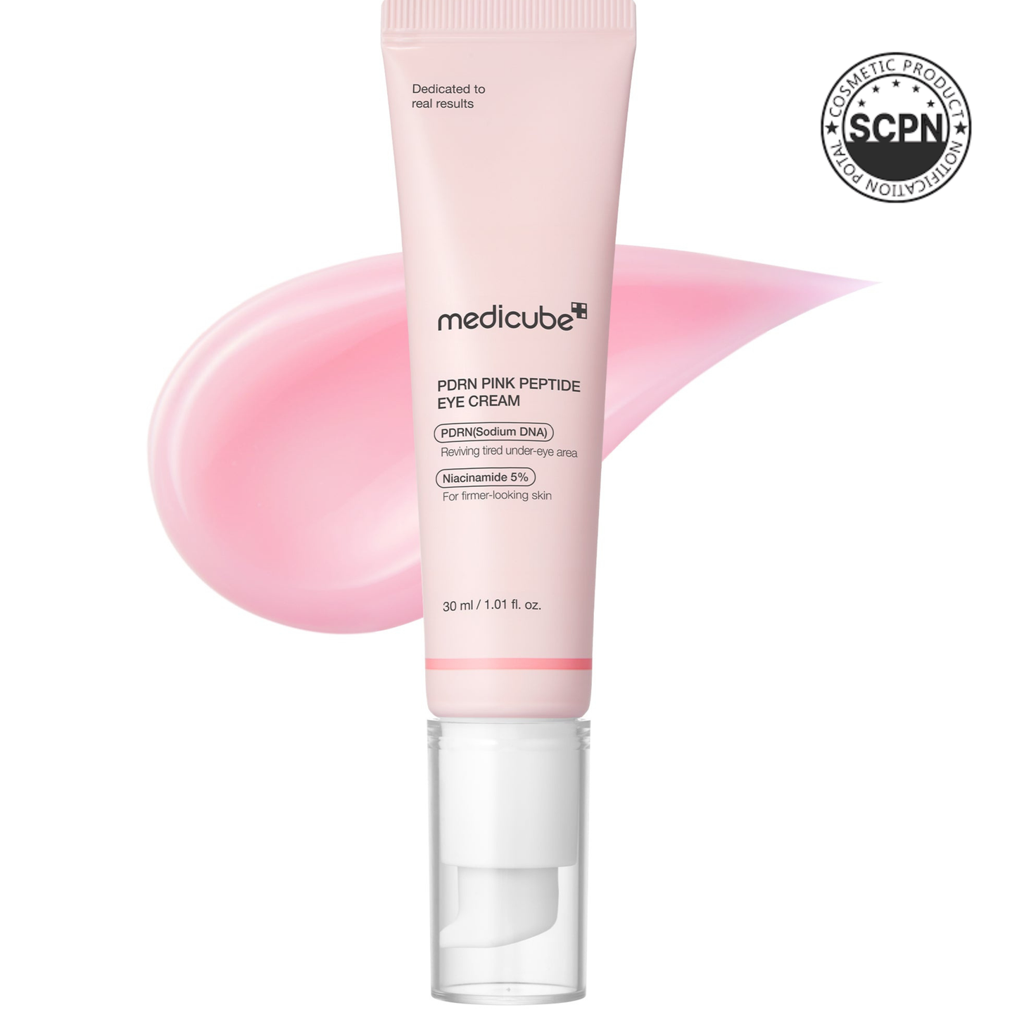 Medicube PDRN Pink Peptide Eye Cream in a jar, showing its smooth, pink-colored eye care cream with a spatula applicator.