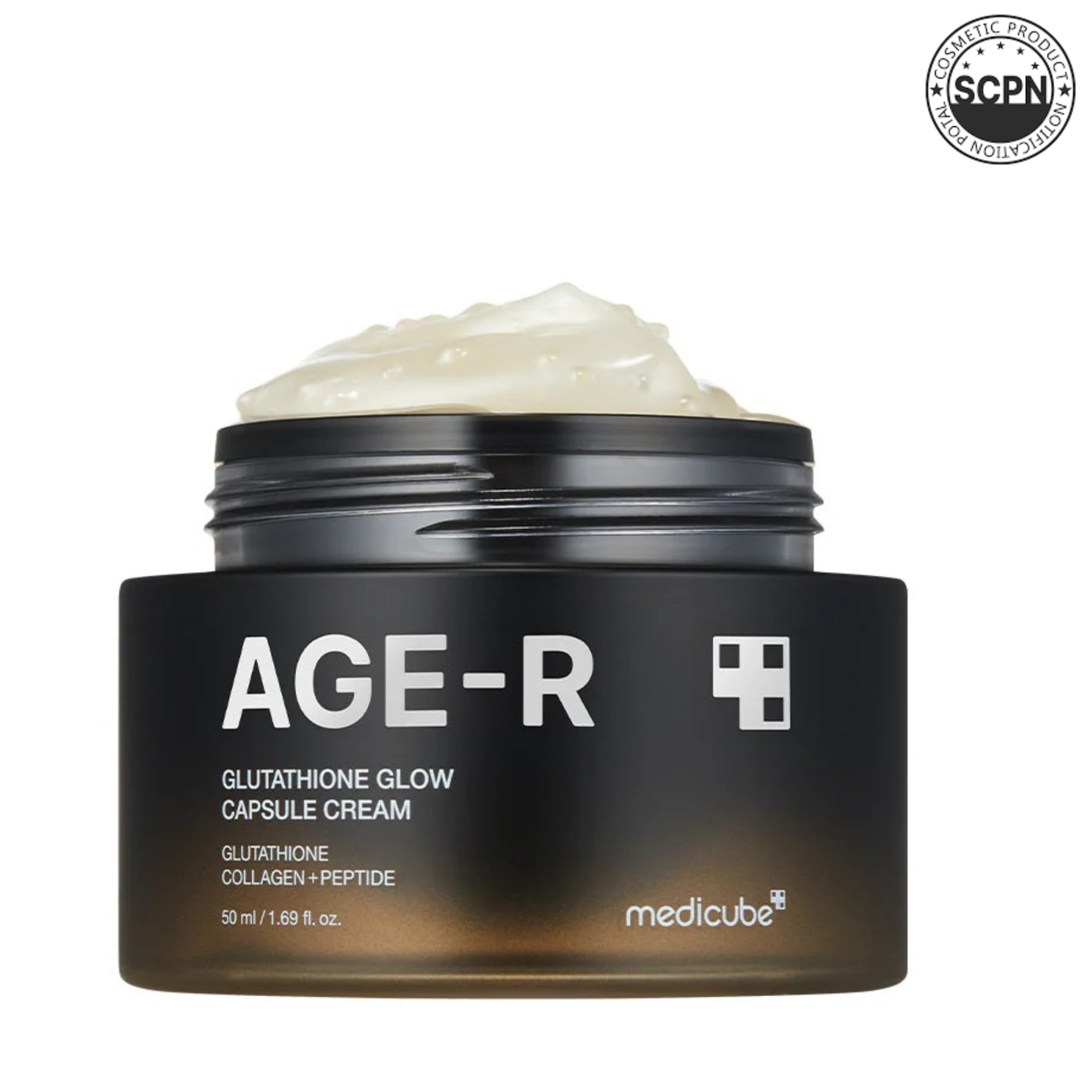 Medicube AGE-R Glutathione Glow Capsule Cream jar with the product label visible and cream texture shown.