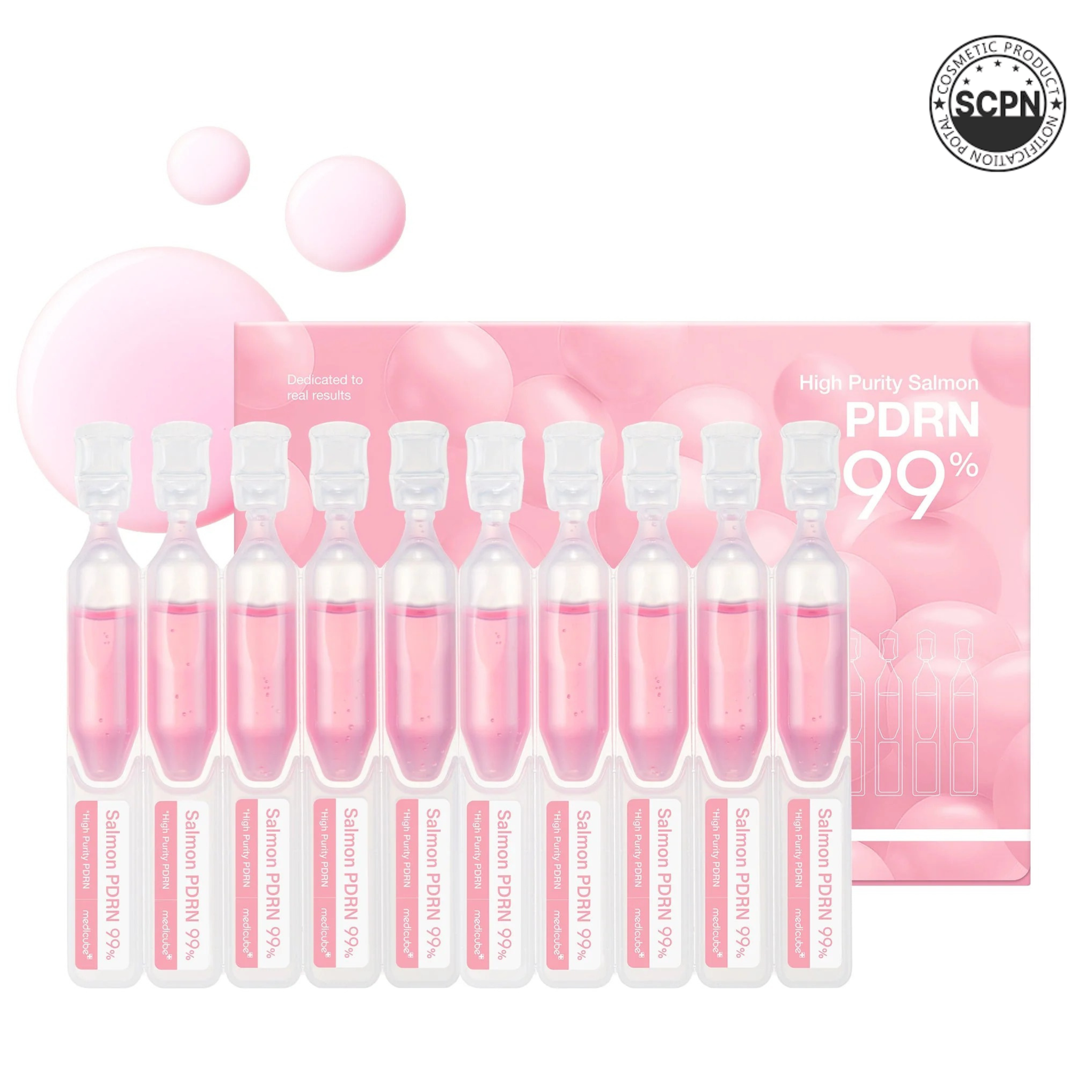 Medicube PDRN Pink One Day Serum bottle shown, featuring sleek packaging and dropper applicator for skincare treatment.