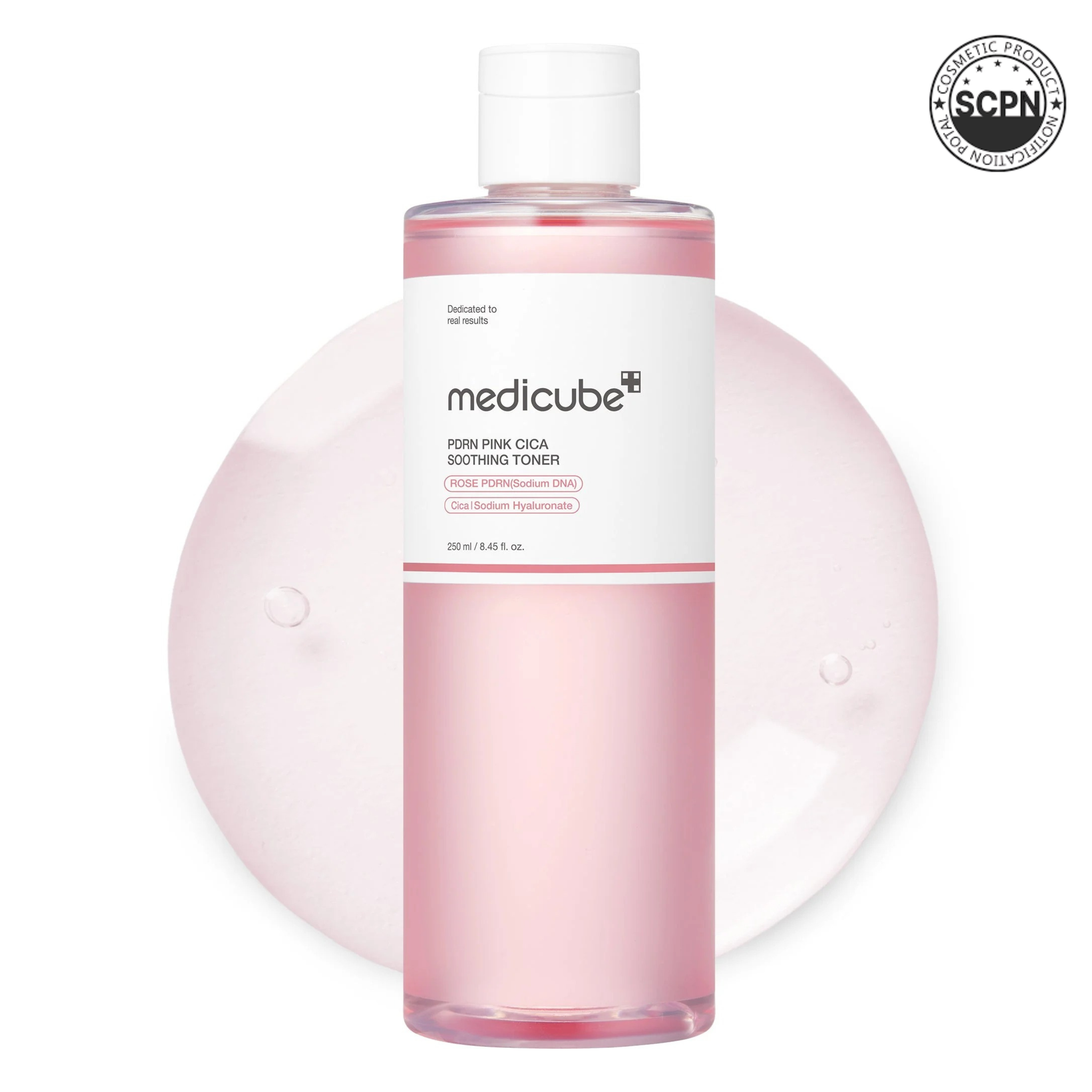 Medicube Pink Peptide Toner from the PINK PDRN LINE, showing a clear bottle with pink liquid and white label with branding.