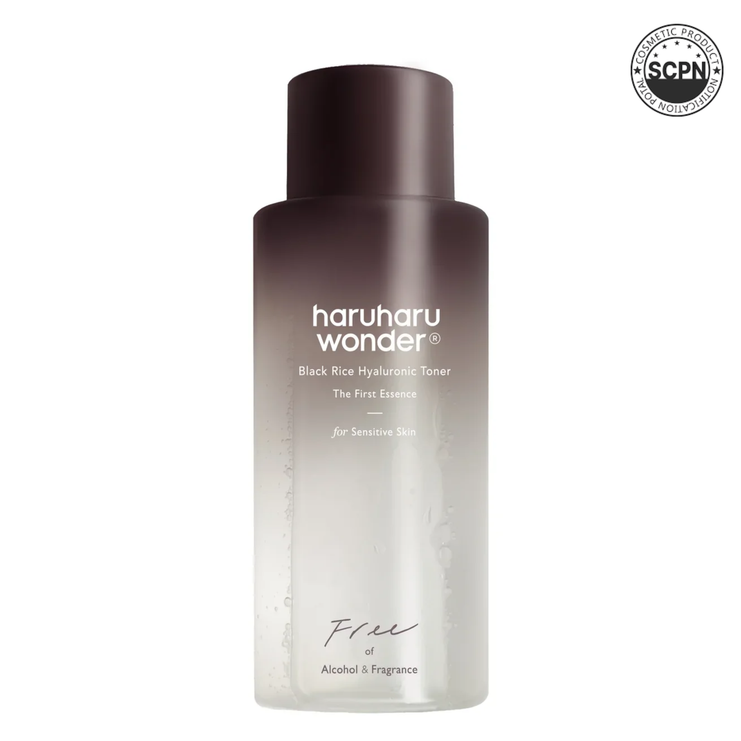 HARUHARUWONDER Black Rice Hyaluronic Toner in a clear bottle, showing the product label and liquid inside.