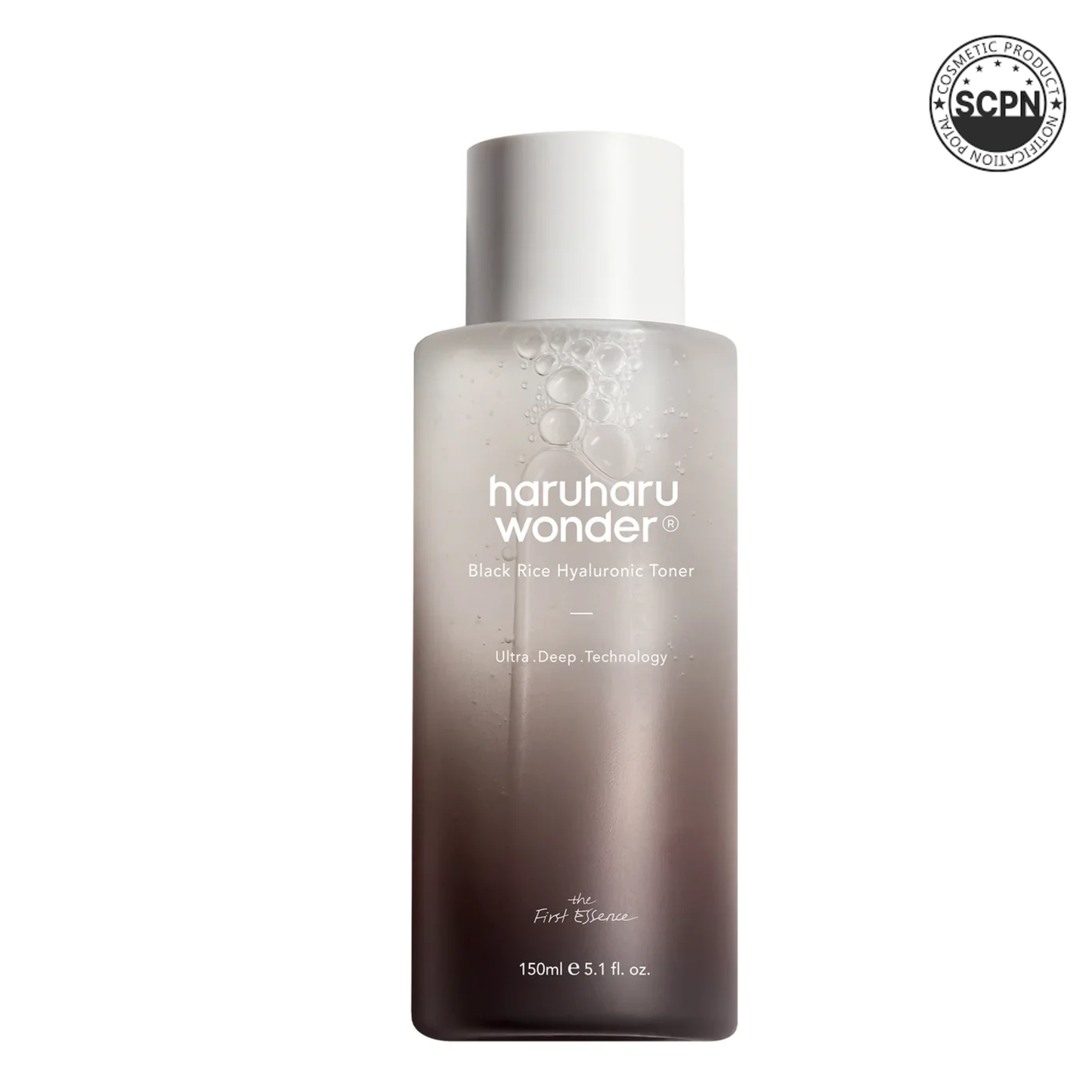 HARUHARUWONDER Black Rice Hyaluronic Toner bottle with label, clear liquid visible through the transparent container.