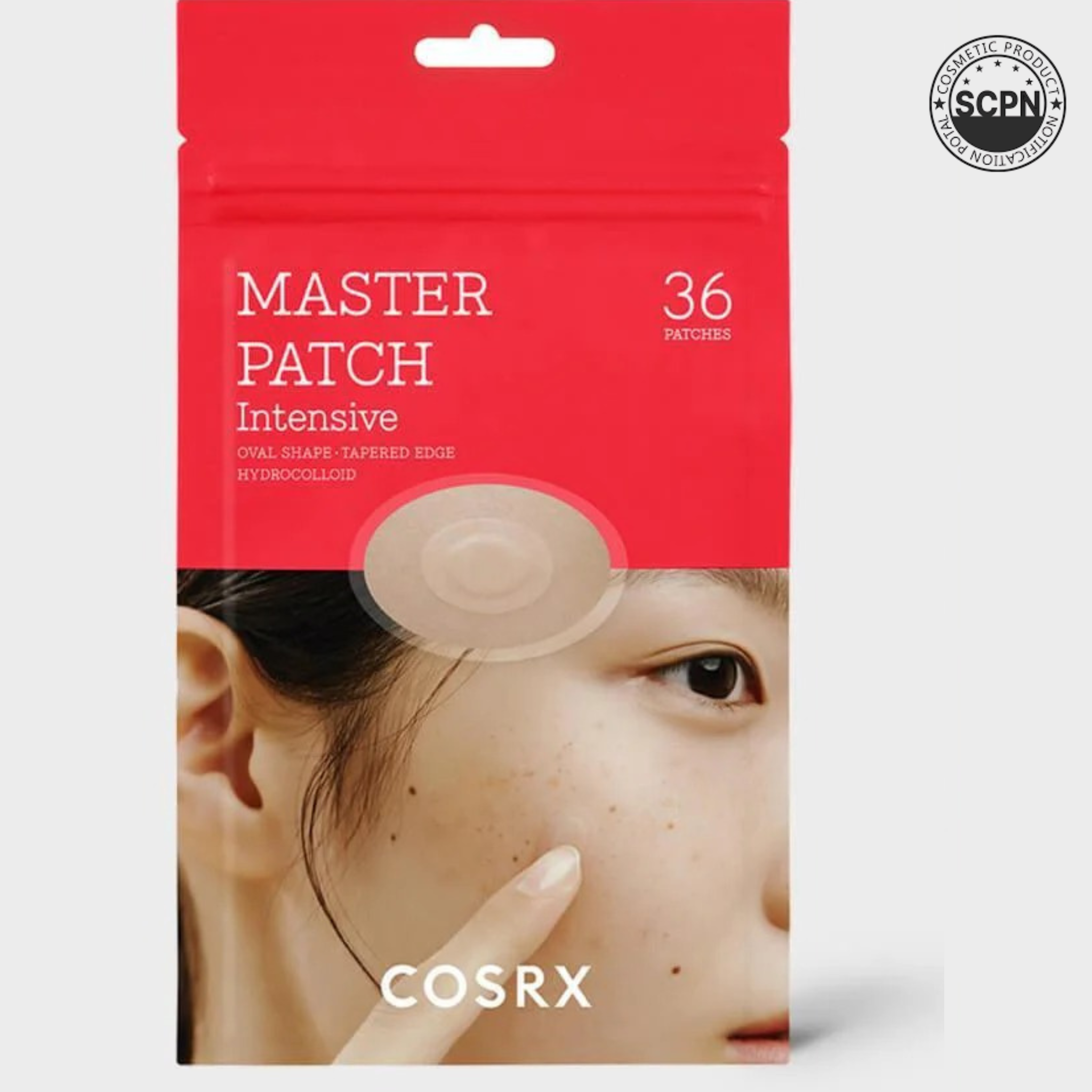 COSRX Master Patch Intensive face patch applied on skin, showcasing its discreet, clear design for targeted acne treatment.