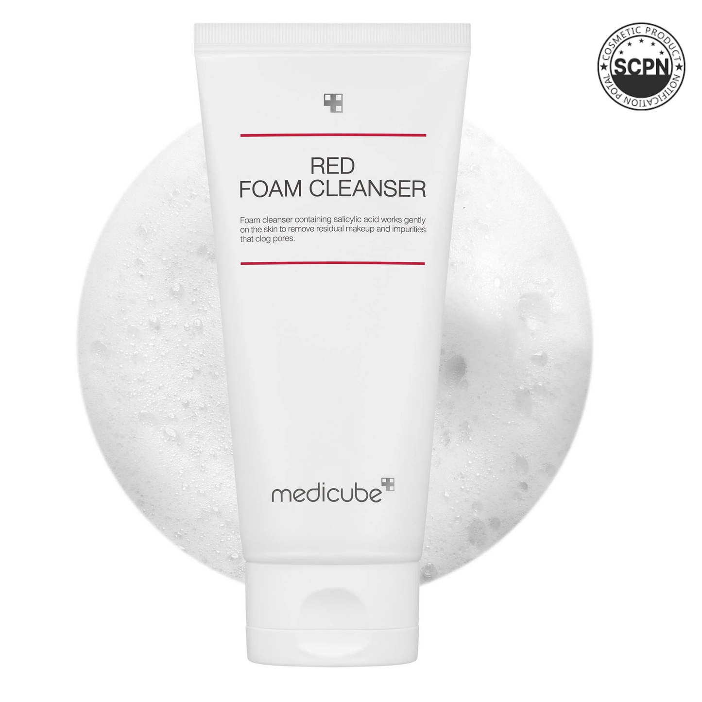 Red Foam Cleanser from Medicube's Red Line Acne Care range, featuring a foaming facial cleanser in a sleek red bottle.