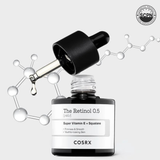 COSRX Retinol 0.5 Oil face essence in a clear bottle, showing the light-colored liquid and minimalist packaging design.