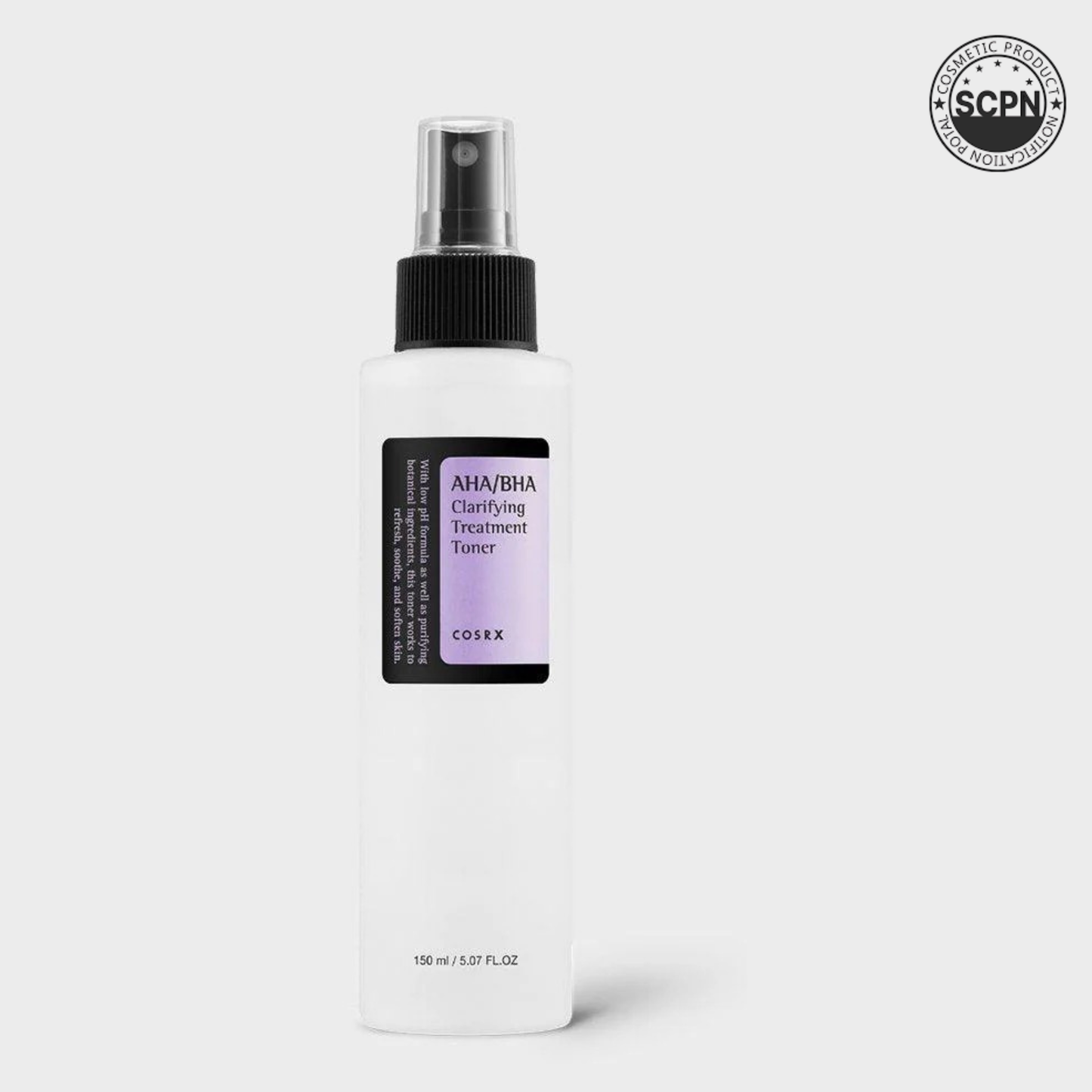 COSRX AHA/BHA Clarifying Treatment Toner bottle with clear liquid, label showing product name and brand, on a white background