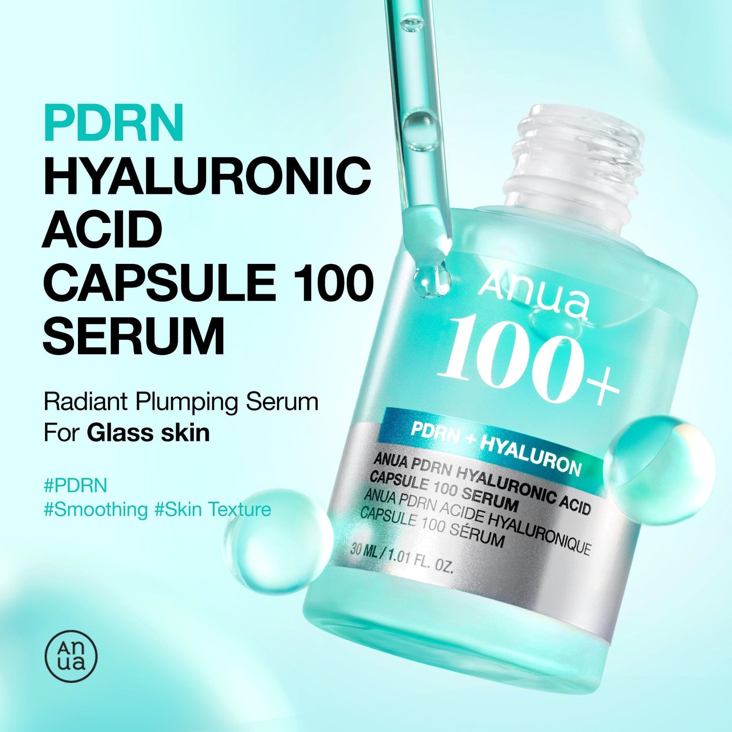Anua US PDRN Hyaluronic Acid Capsule 100 Serum ampoule with clear glass vial and dropper for skincare application.