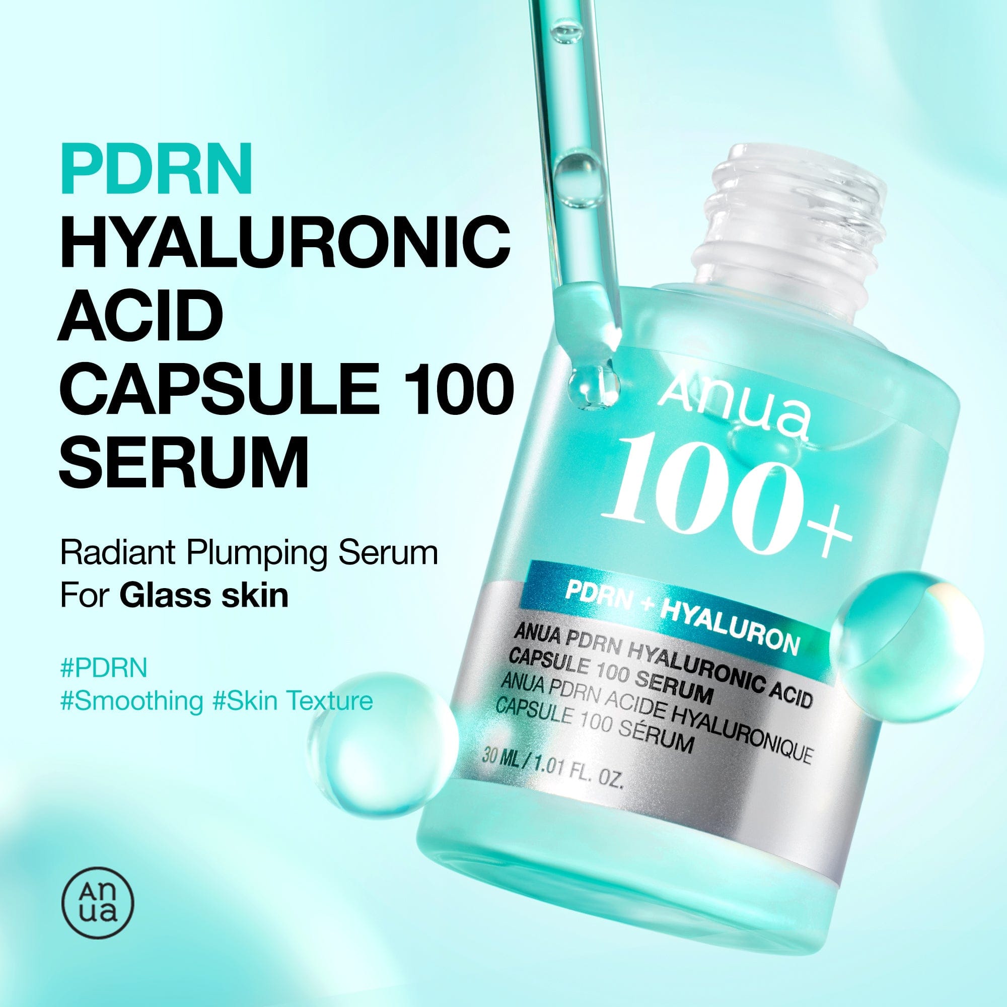 Anua US PDRN Hyaluronic Acid Capsule 100 Serum ampoule with clear glass vial and dropper for skincare application.