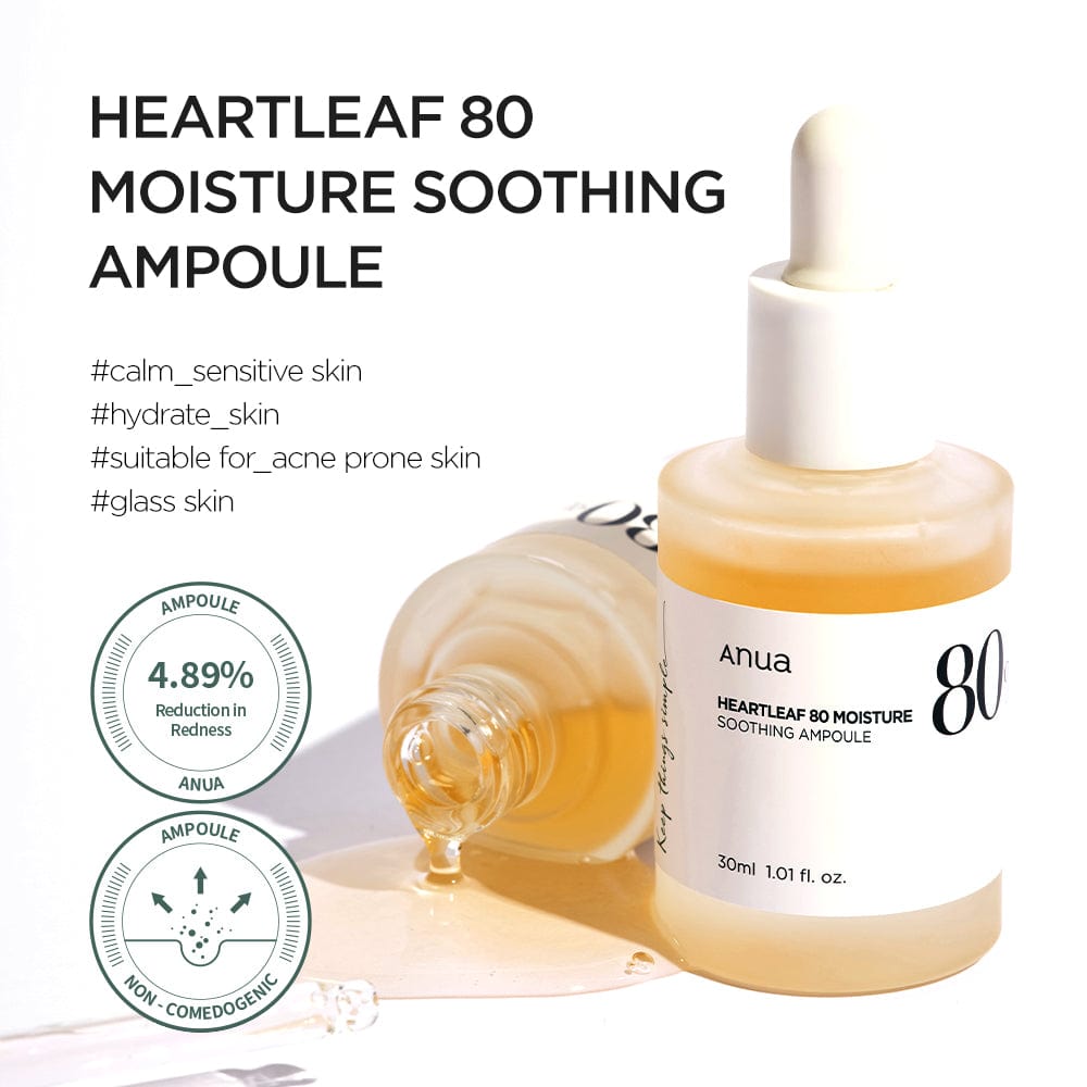 Anua US Heartleaf 80% Moisture Soothing Ampoule in a 30ml glass bottle, featuring a clear serum for skin hydration and calming effects.