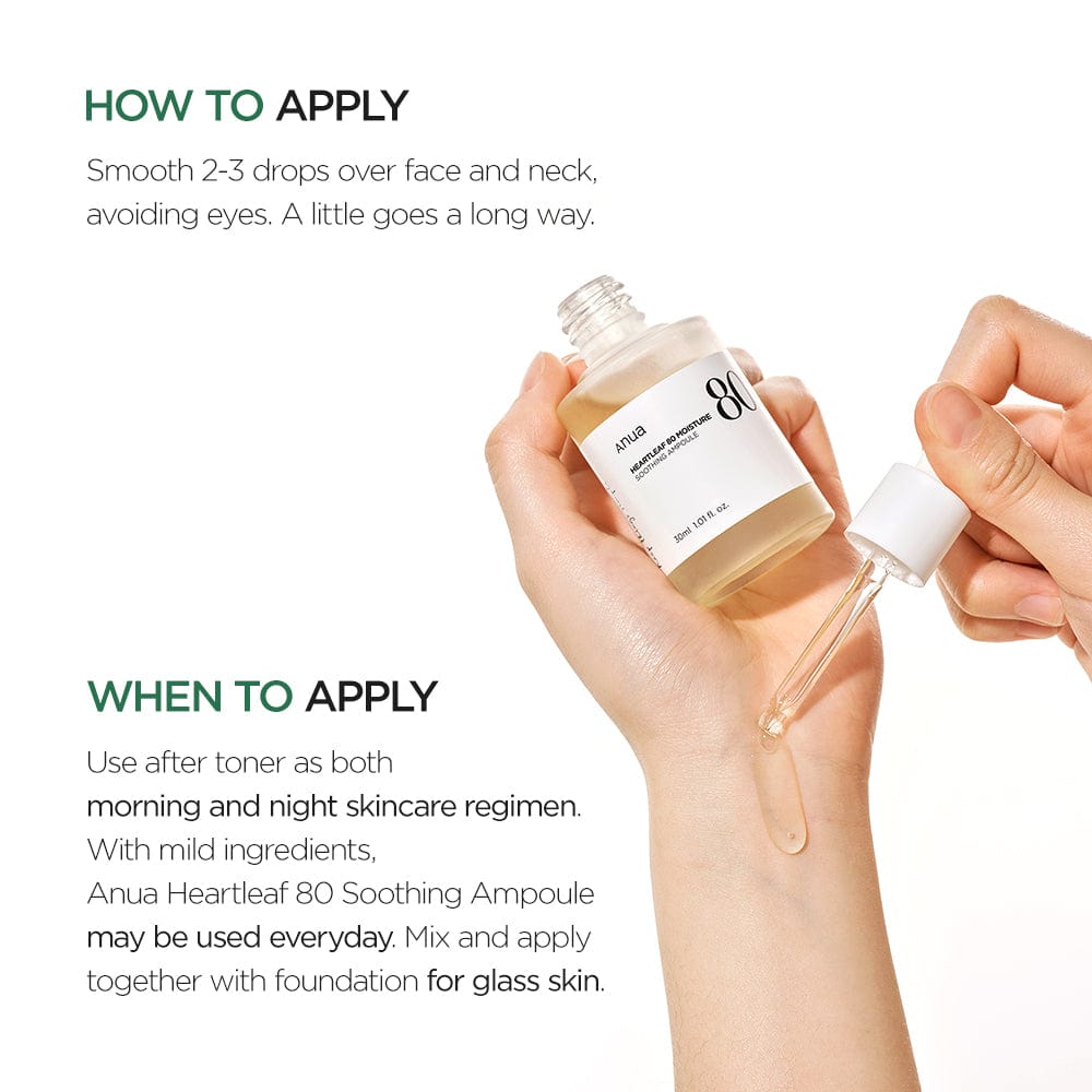 Anua US Heartleaf 80% Moisture Soothing Ampoule in a 30ml glass bottle, designed for hydrating and calming skin.