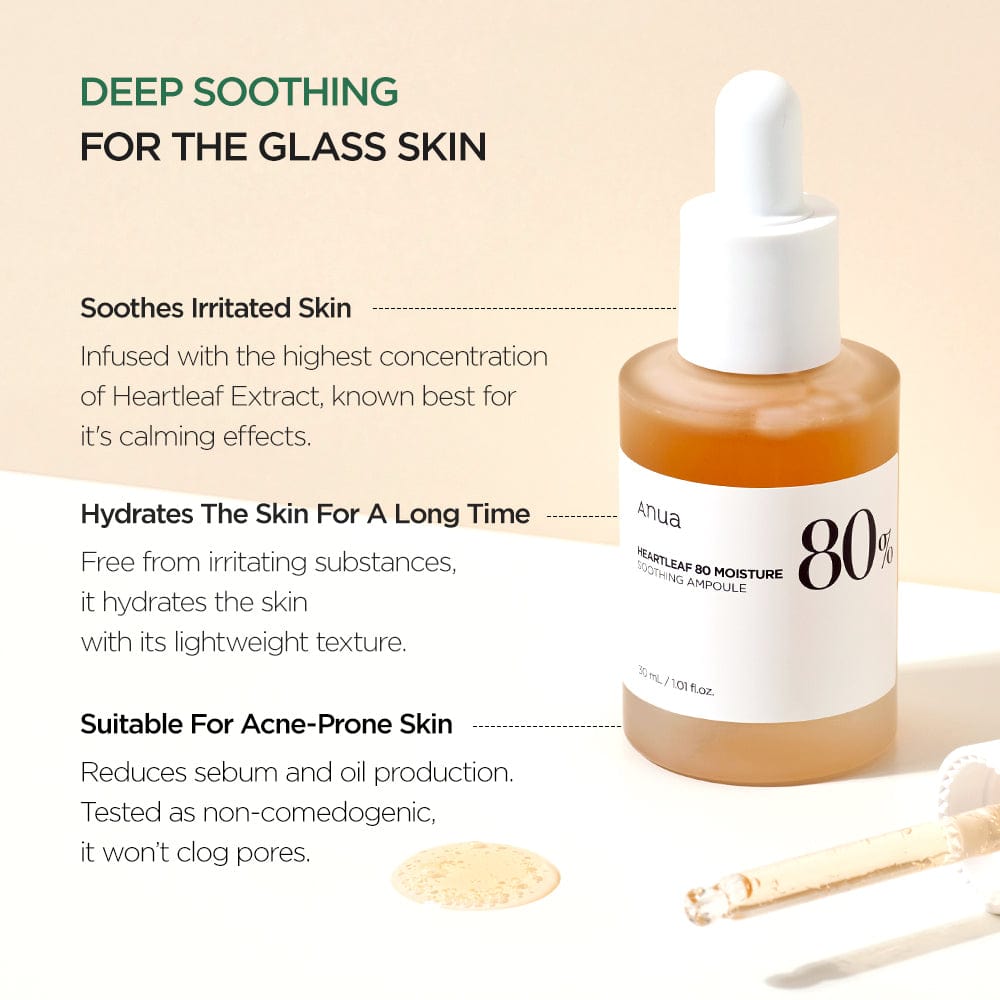 Anua US Heartleaf 80% Moisture Soothing Ampoule in a 30ml bottle, designed for hydrating and calming the skin.