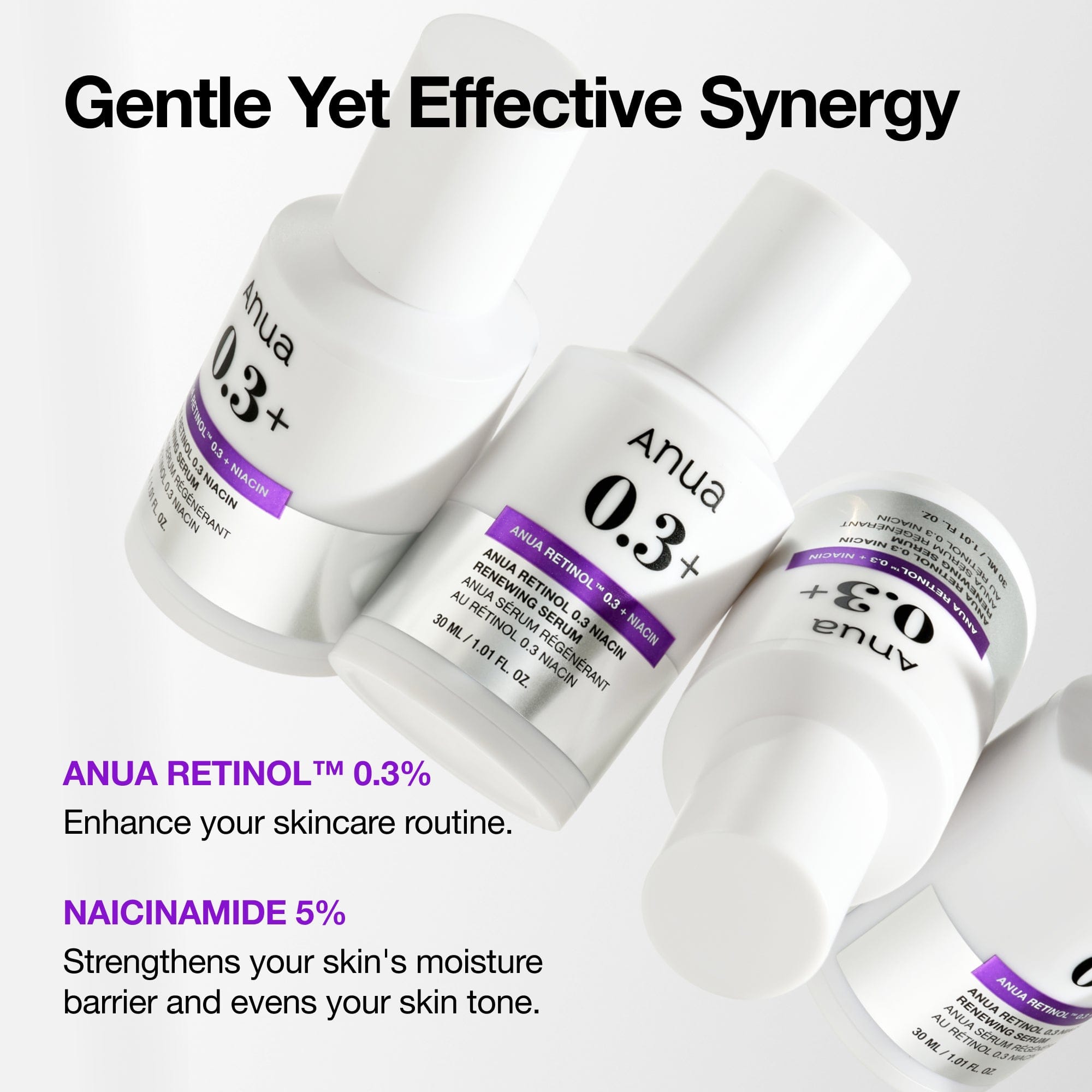 Anua US Nano Retinol 0.3% + Niacin renewing serum ampoule in a 30ml bottle with dropper, designed for skin renewal and brightening.