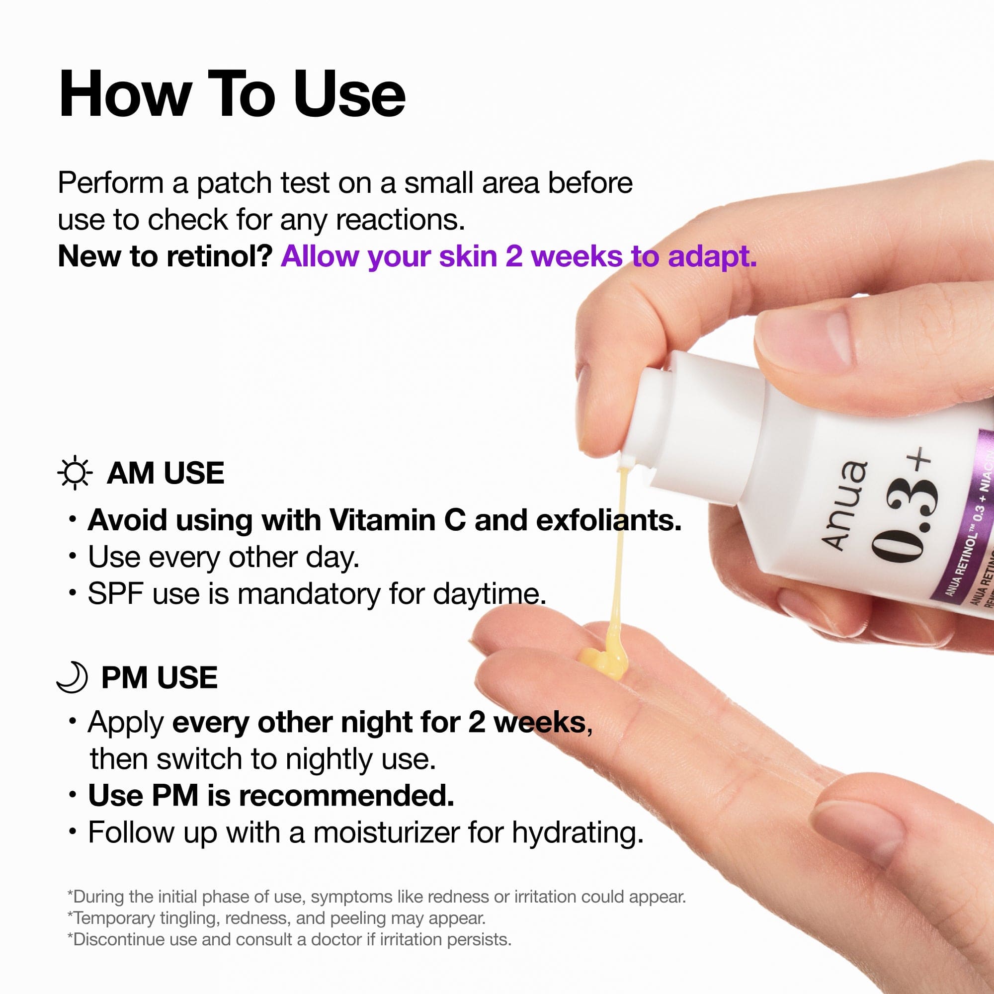 Anua US Nano Retinol 0.3% + Niacin renewing serum ampoule in a 30ml bottle with a sleek design and clear label.