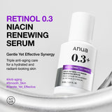 Anua US Nano Retinol 0.3% + Niacin renewing serum in a 30ml ampoule bottle, showcasing the sleek packaging and serum inside.