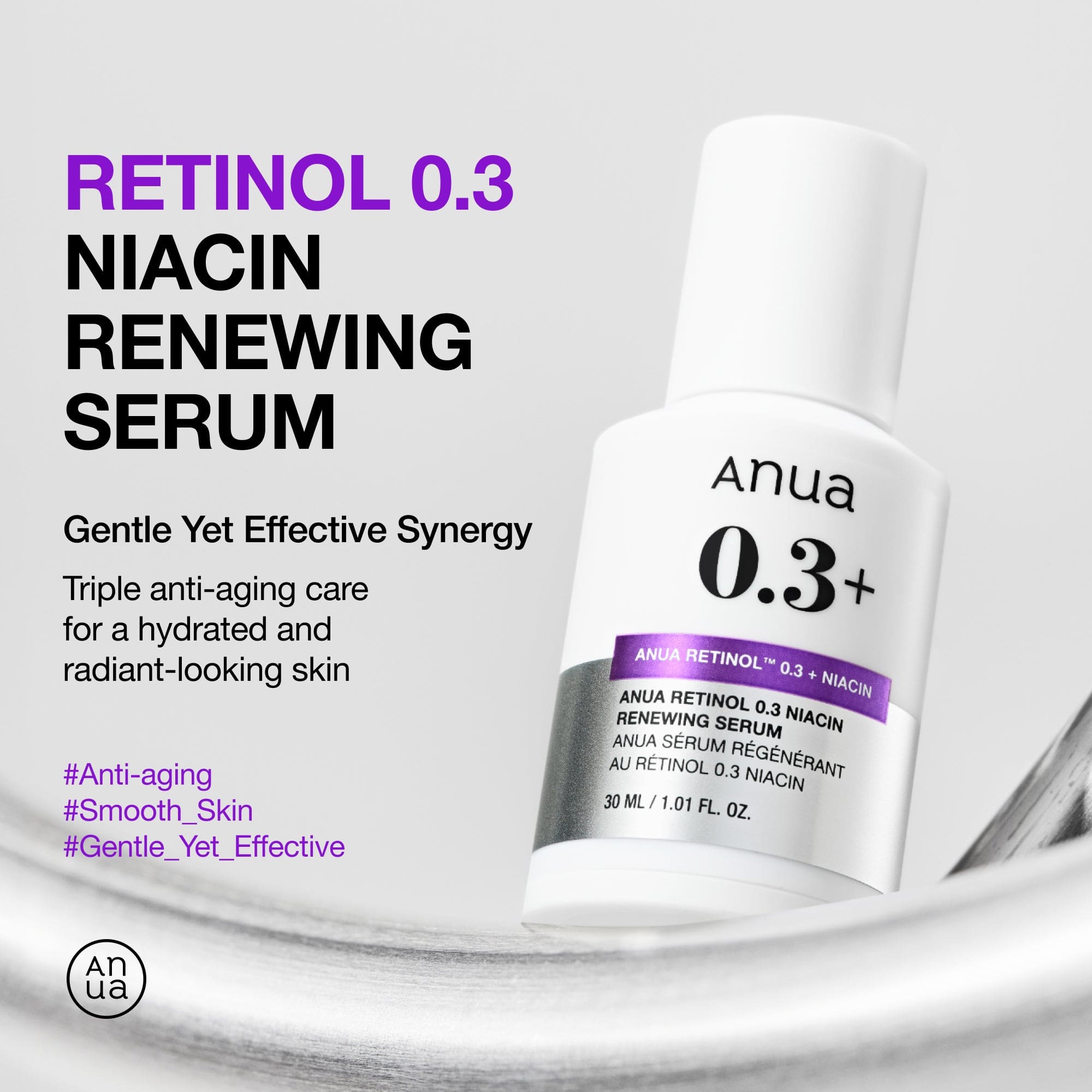 Anua US Nano Retinol 0.3% + Niacin renewing serum in a 30ml ampoule bottle, showcasing the sleek packaging and serum inside.