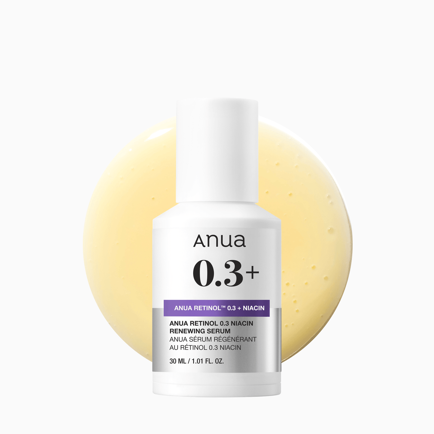 Anua US Nano Retinol 0.3% + Niacin renewing serum ampoule, 30ml bottle with sleek packaging and dropper applicator.