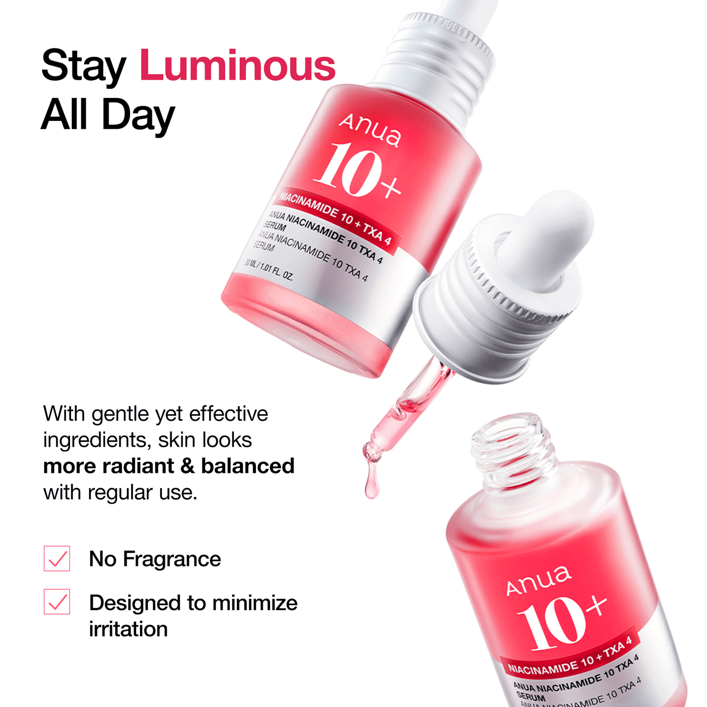 Anua Niacinamide 10 TXA 4 serum ampoule for brightening skin and reducing dark spots, shown in a 30ml bottle.