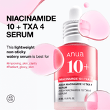 Anua Niacinamide 10 TXA 4 serum ampoule bottle, brightening and dark spot treatment, with clear product label and 30ml size.