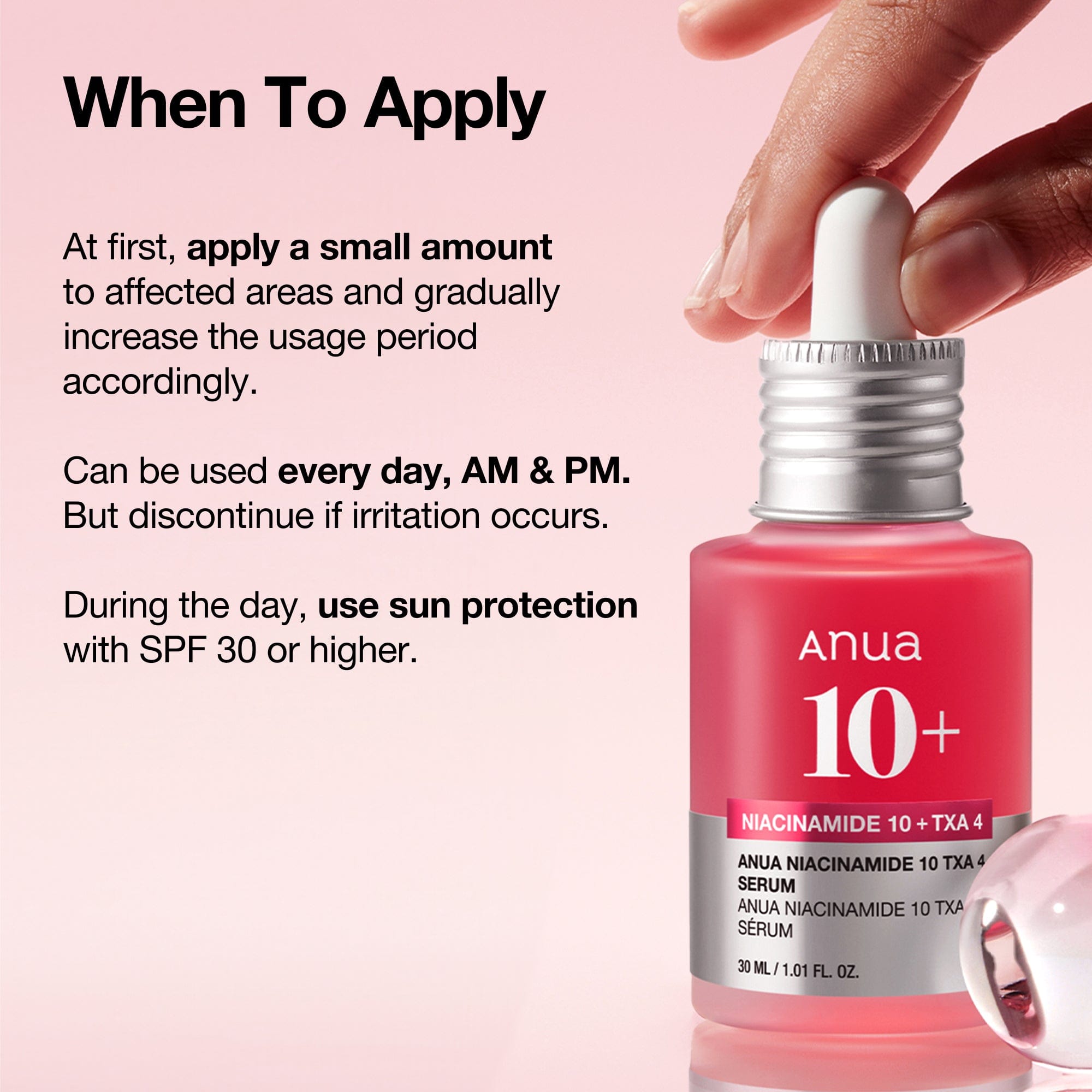 Anua Niacinamide 10 TXA 4 serum ampoule in a 30ml bottle, designed for brightening skin and reducing dark spots.
