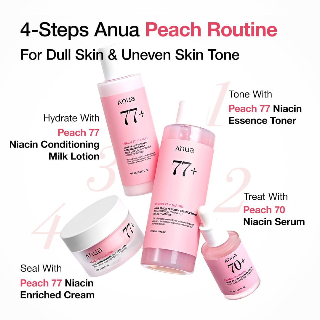 Anua US Peach 70% Niacinamide Serum ampoule in a 30ml bottle, showcasing a clear serum with peach-colored accents.