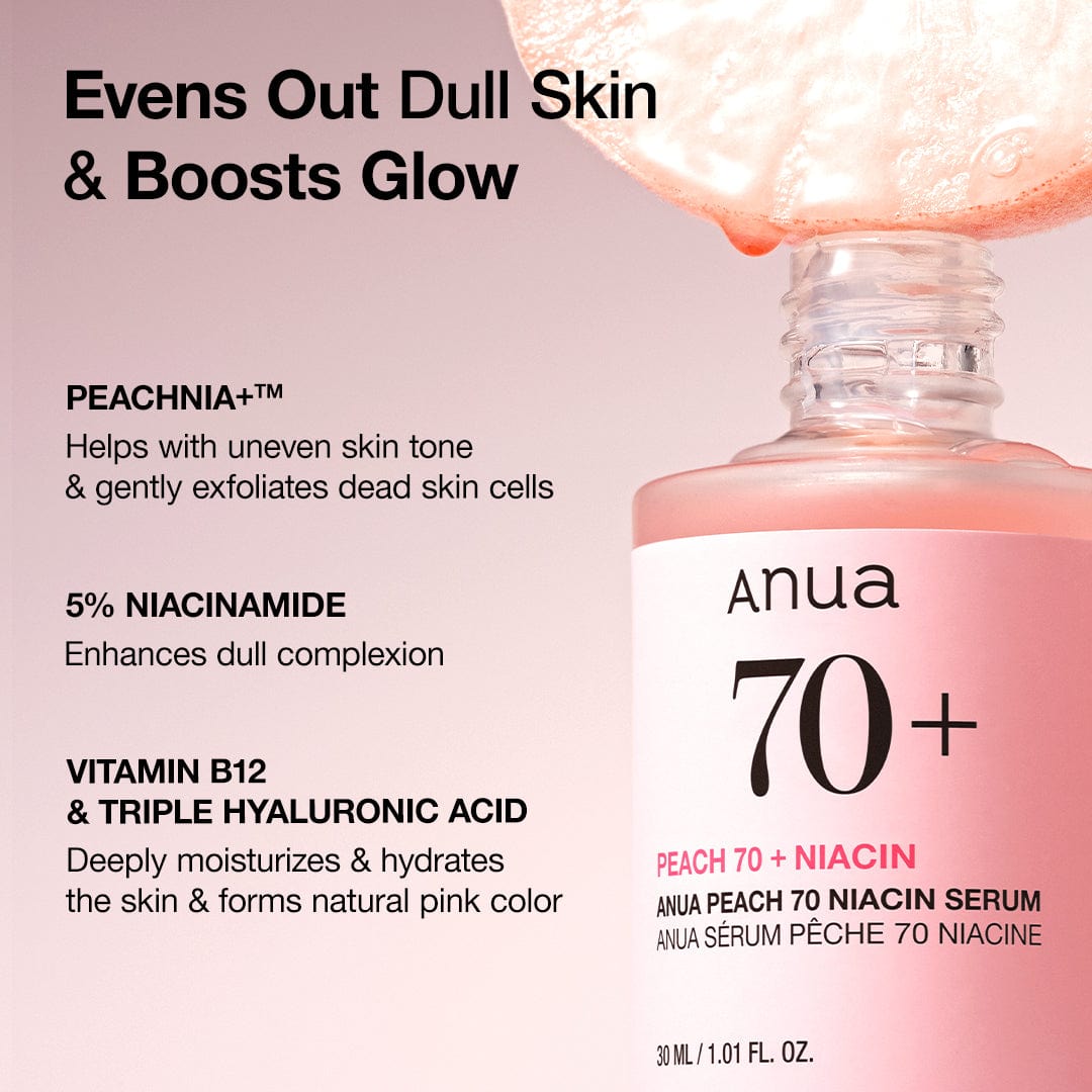 Anua US Peach 70% Niacinamide Serum ampoule in a 30ml bottle, featuring a peach-colored serum for brightening and skin clarity.