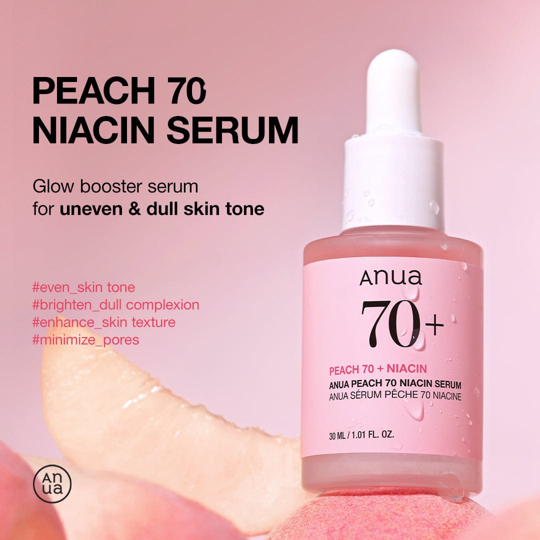 Anua US Peach 70% Niacinamide Serum ampoule in a 30ml bottle, featuring a peach-colored serum for brightening and skin clarity.