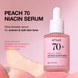 Anua US Peach 70% Niacinamide Serum ampoule in a 30ml bottle, featuring a peach-colored serum for brightening and skin clarity.