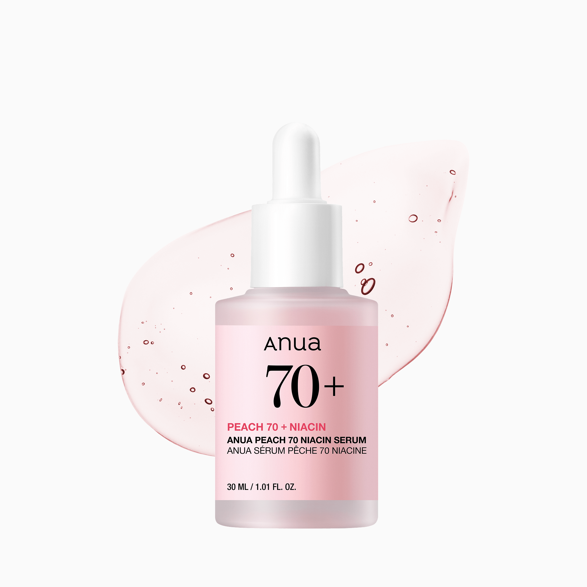 Anua US Peach 70% Niacinamide Serum ampoule in a 30ml bottle, showcasing the serum's peach-colored liquid inside.