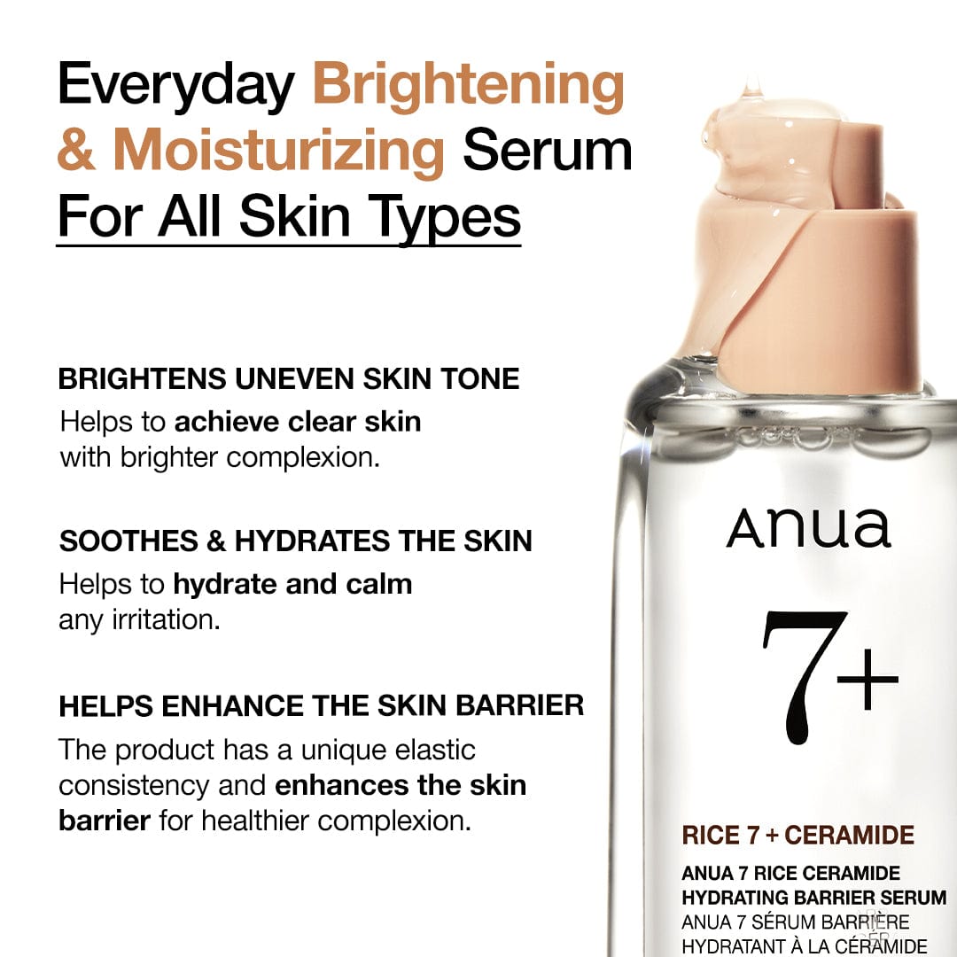 Anua US Rice Ceramide 7 Hydrating Barrier Serum ampoule in a 50ml bottle, designed to boost skin hydration and barrier repair.
