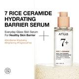 Anua US Rice Ceramide 7 Hydrating Barrier Serum ampoule in a 50ml bottle with a clear label and white cap, designed for skin hydration.
