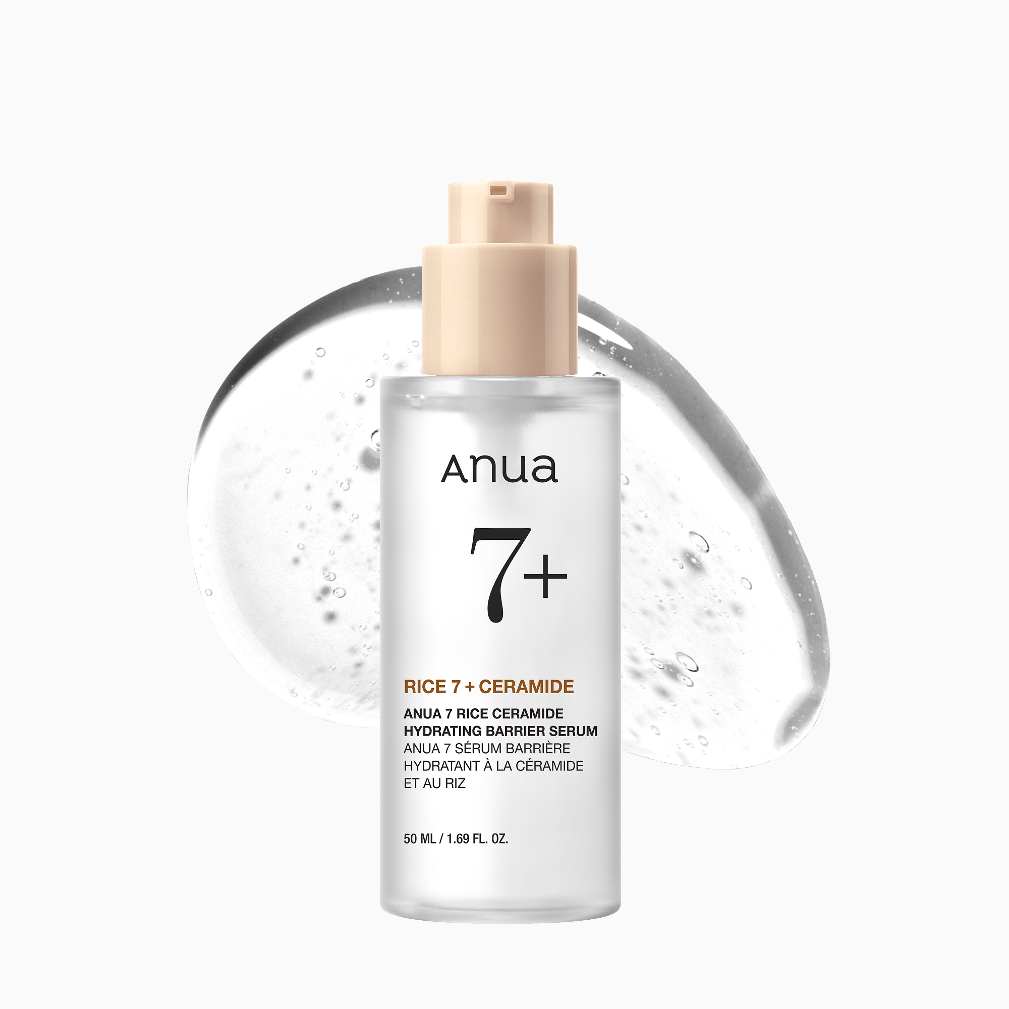 Anua US Rice Ceramide 7 Hydrating Barrier Serum ampoule, 50ml, with clear dropper and golden liquid inside a glass bottle.