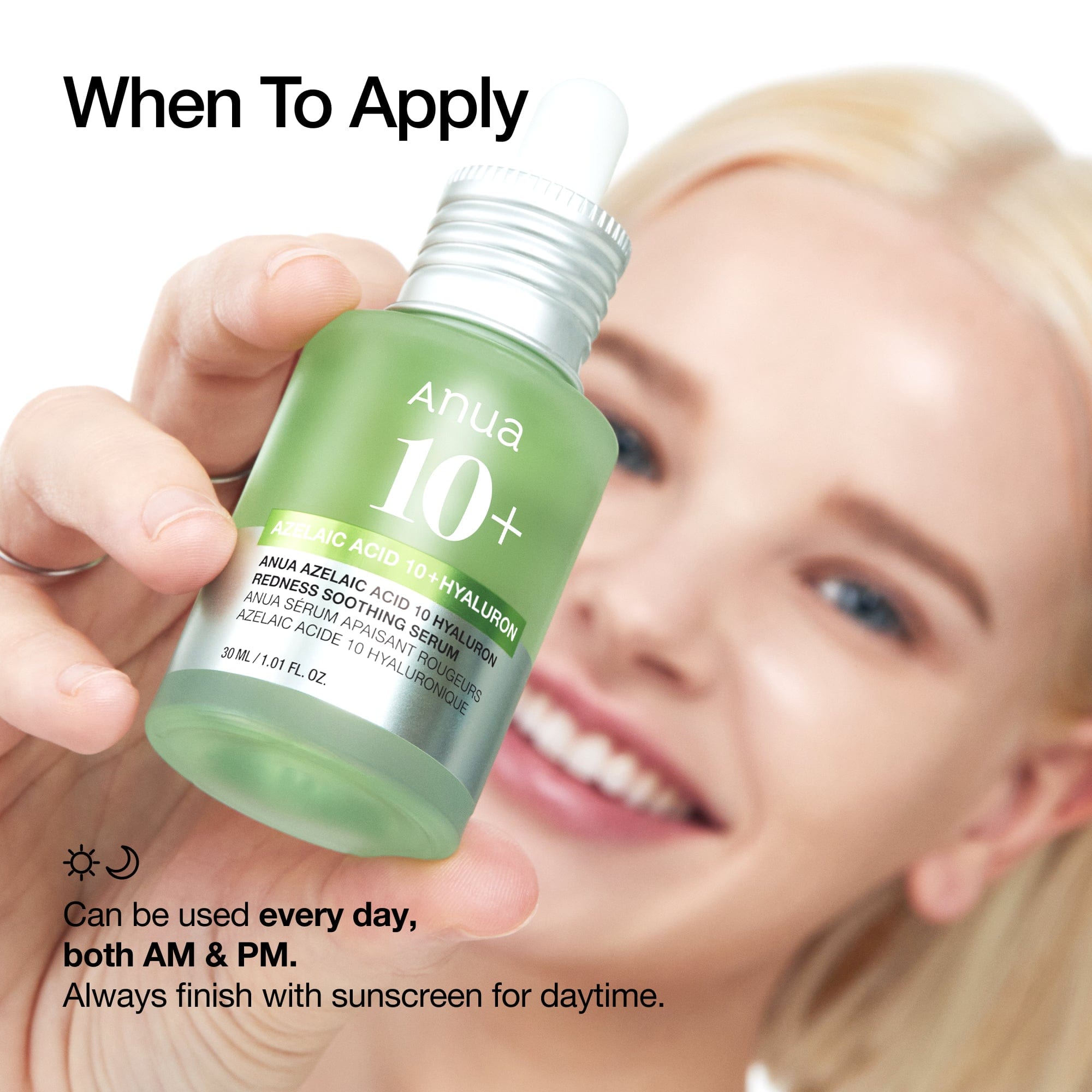 Anua Azelaic Acid 10 Hyaluron redness soothing serum ampoule with clear bottle and dropper for calming skin.