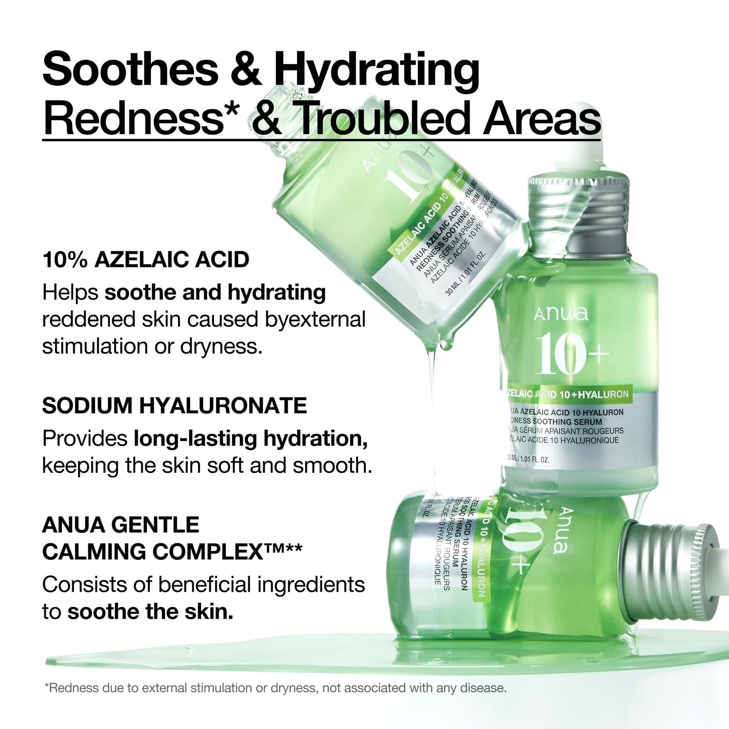 Anua Azelaic Acid 10 Hyaluron redness soothing serum ampoule with clear liquid in a small glass bottle.