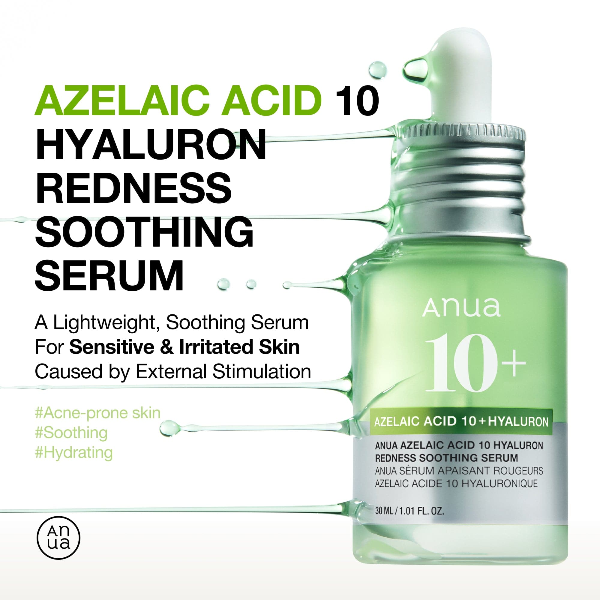 Anua Azelaic Acid 10 Hyaluron Redness Soothing Serum ampoule with clear liquid and dropper for gentle skin redness relief.